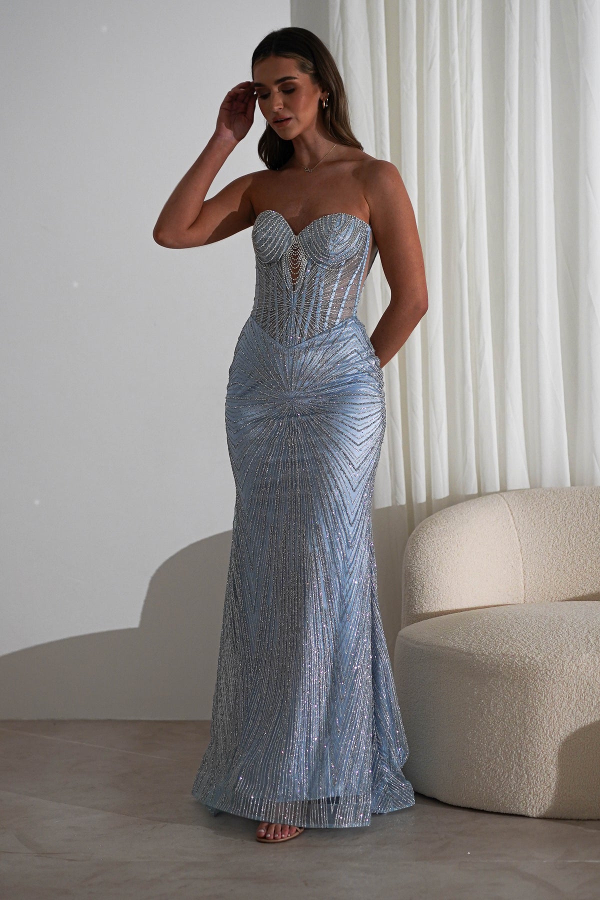 Elyse Glitter Strapless Gown | Light Blue/Silver-Oh Hello Clothing