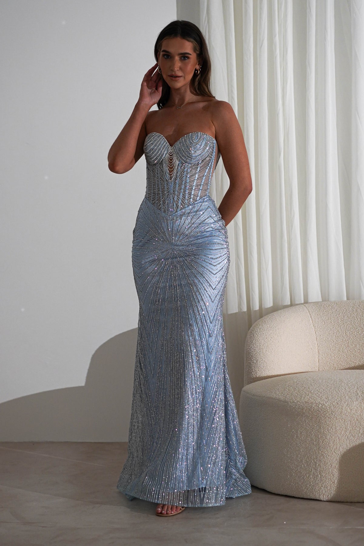 Elyse Glitter Strapless Gown | Light Blue/Silver-Oh Hello Clothing