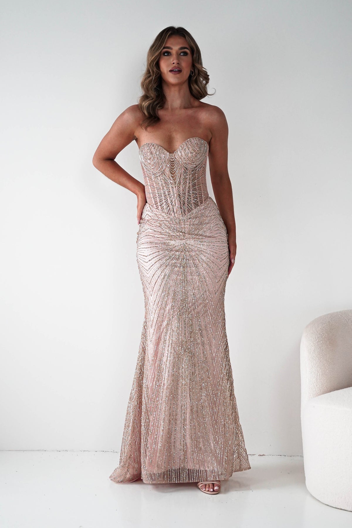 Elyse Glitter Strapless Gown | Rose Gold-Oh Hello Clothing
