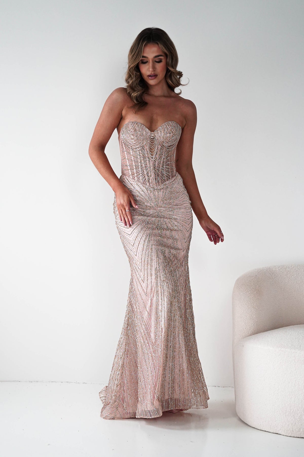 Elyse Glitter Strapless Gown | Rose Gold-Oh Hello Clothing