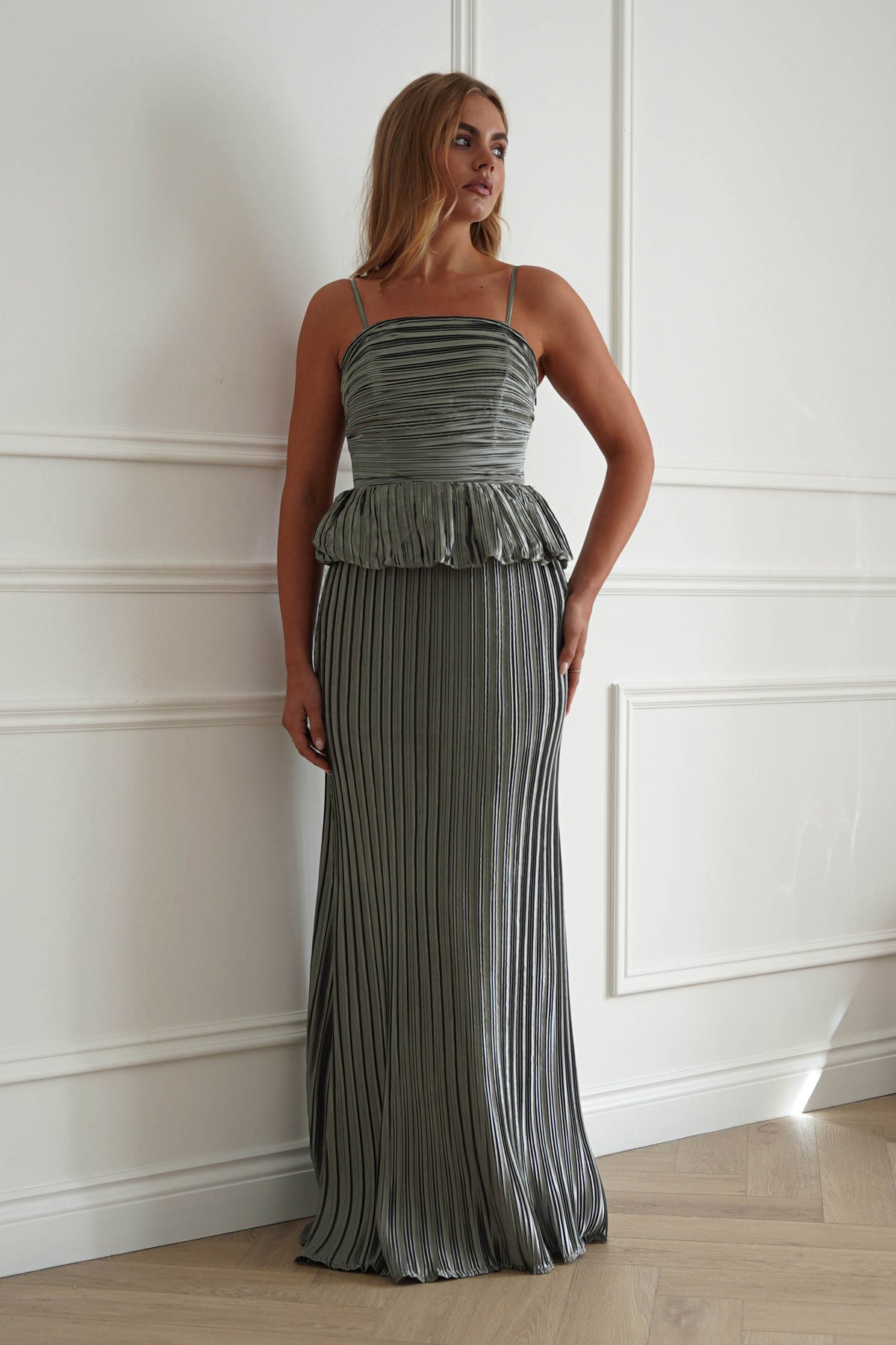 Ember Pleated Peplum Maxi Dress | Light Sage-Oh Hello Clothing