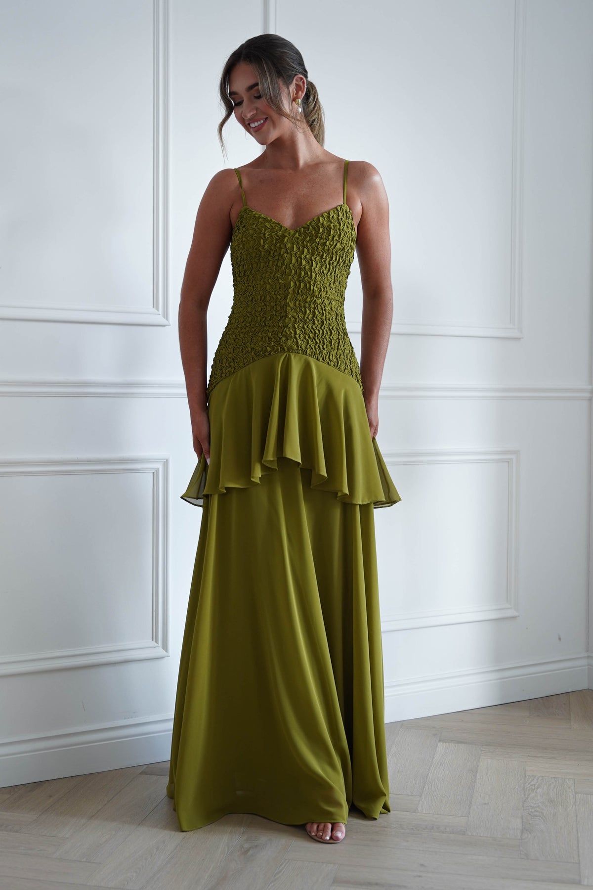 Emmeline Textured Ruffle Maxi Dress | Olive Green-Oh Hello Clothing