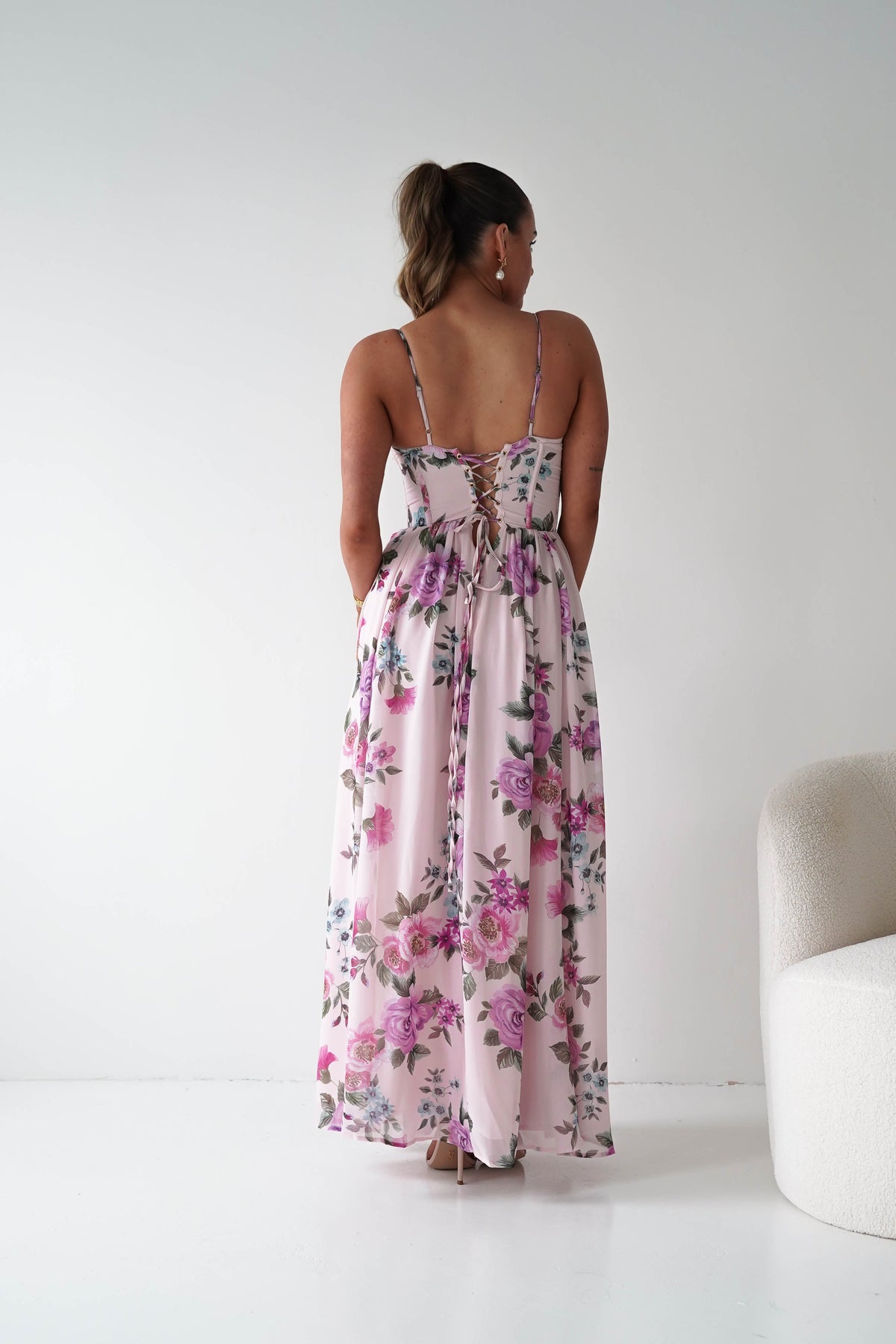 Emmy Floral Print Corset Maxi Dress | Lilac-Oh Hello Clothing