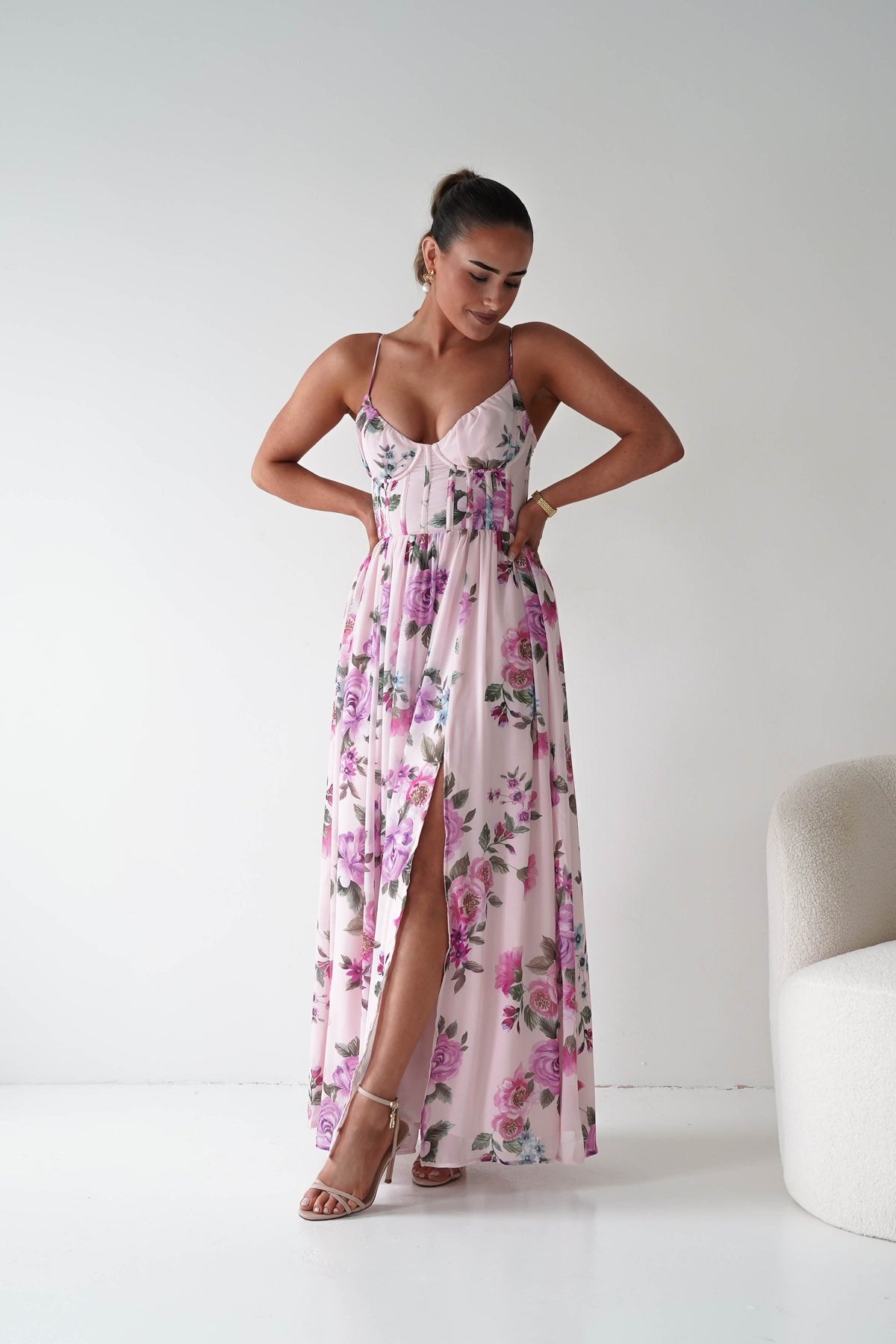 Emmy Floral Print Corset Maxi Dress | Lilac-Oh Hello Clothing