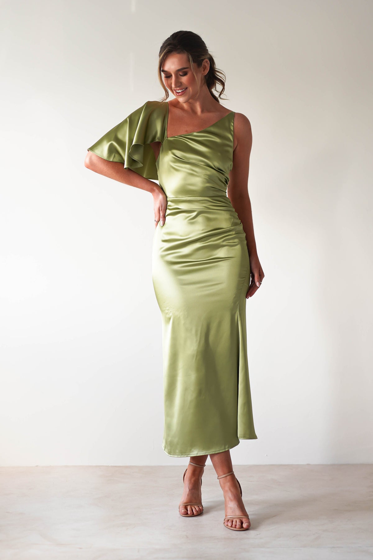 Esme Satin Midaxi Dress | Lime Green-Oh Hello Clothing