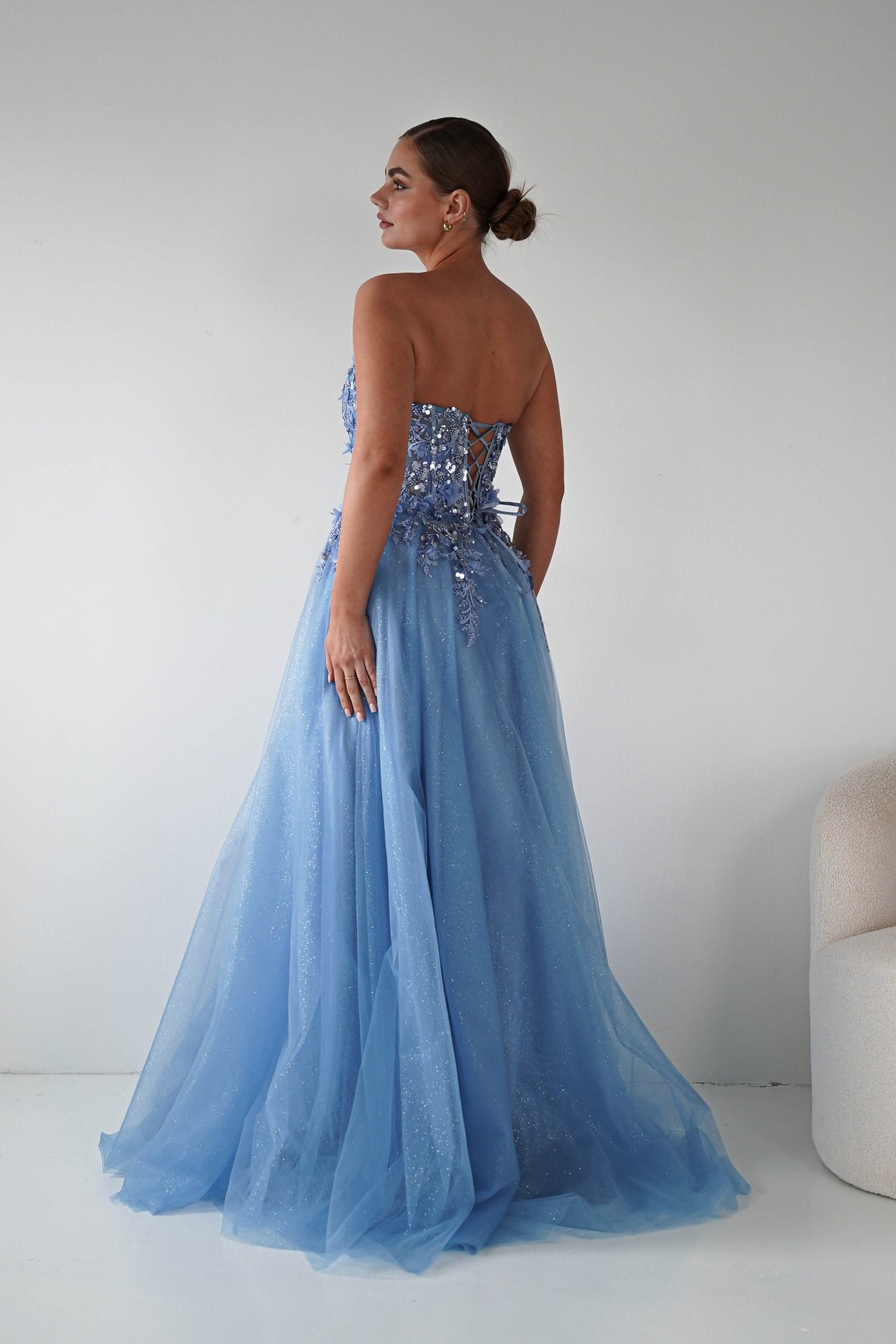 Francesca Strapless Floral Appliqué Ball Gown | Blue-Oh Hello Clothing