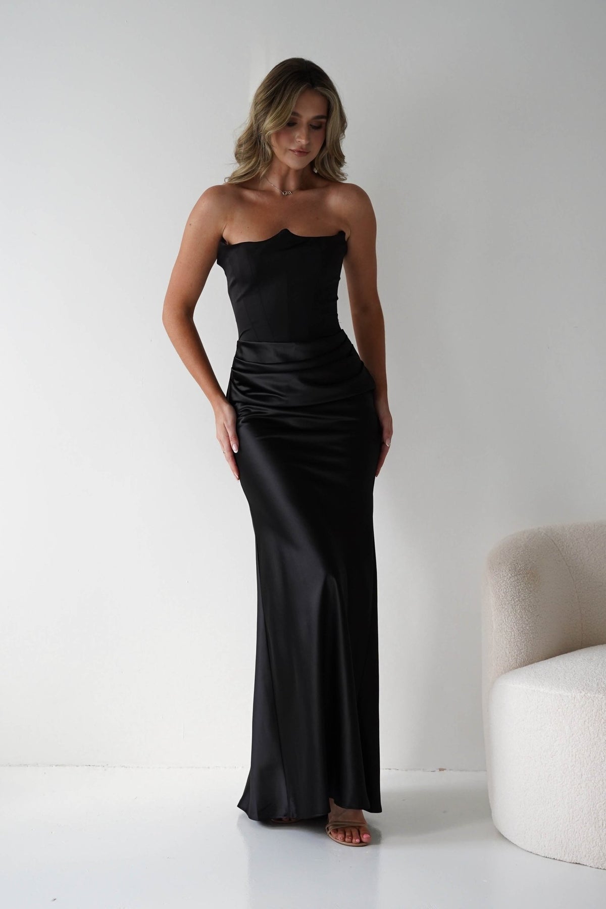 Giselle Corset Satin Maxi Dress | Black-Oh Hello Clothing