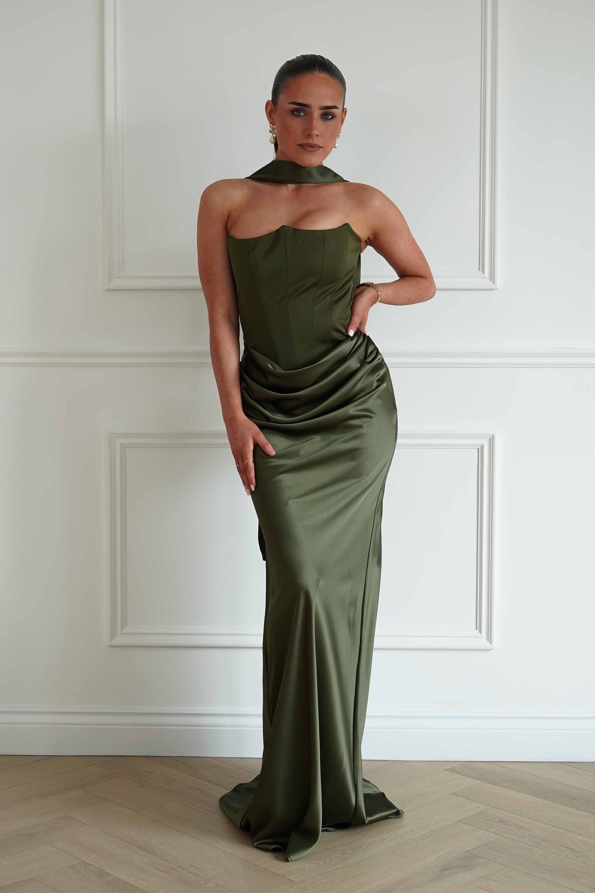 Giselle Corset Satin Maxi Dress | Olive-Oh Hello Clothing