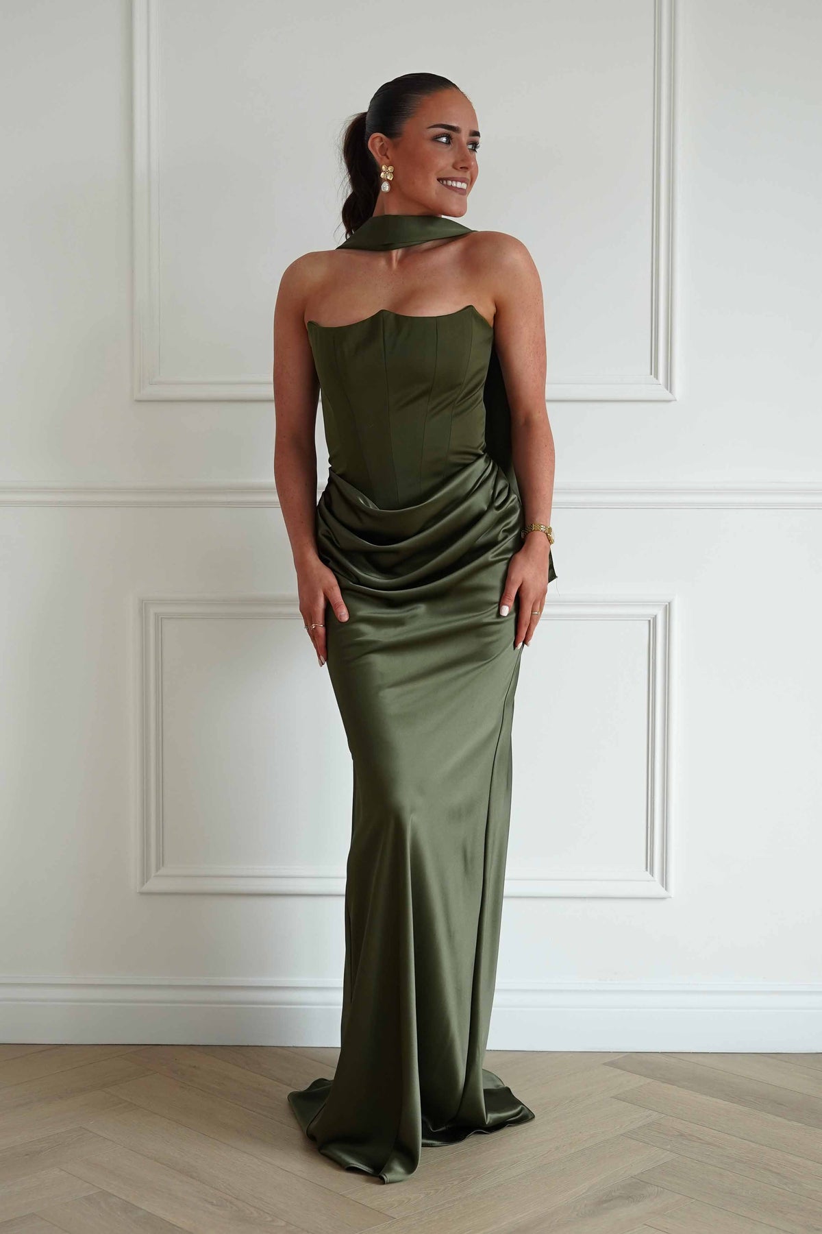 Giselle Corset Satin Maxi Dress | Olive-Oh Hello Clothing