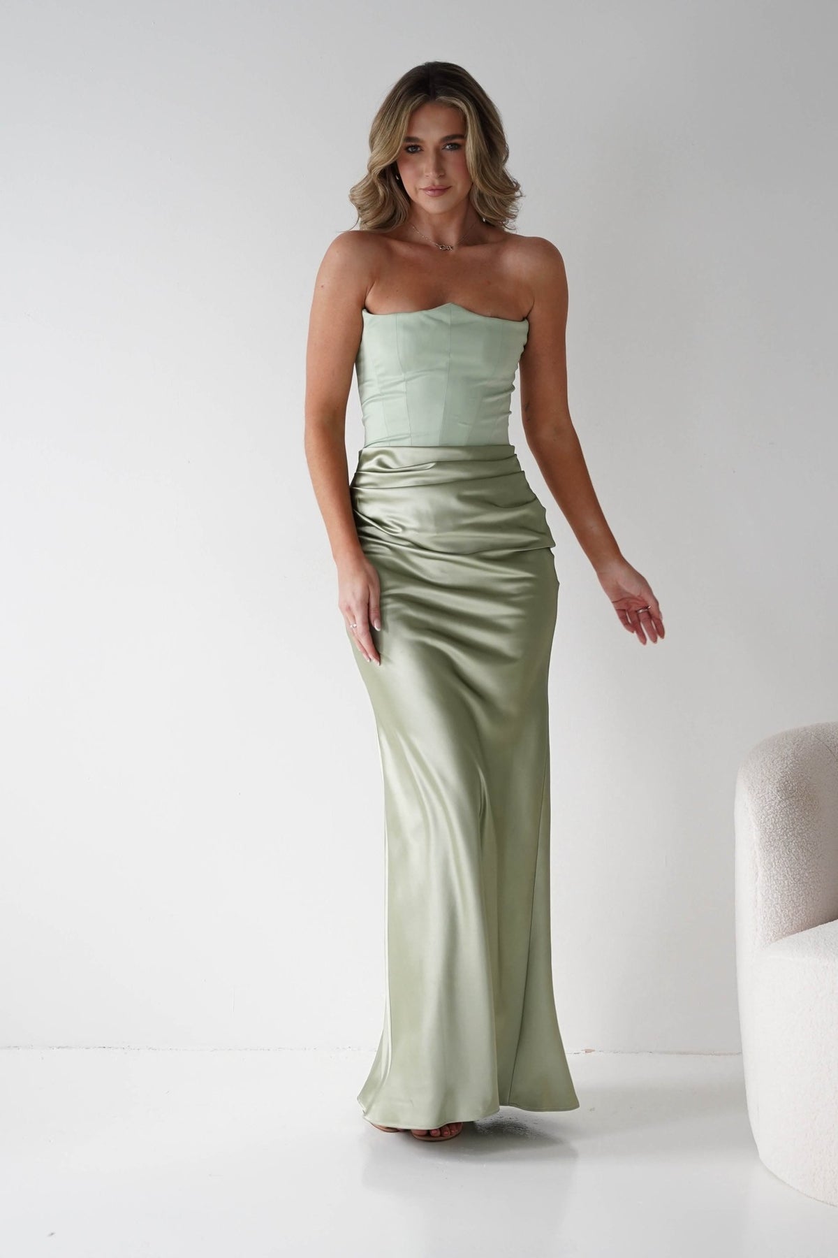 Giselle Corset Satin Maxi Dress | Sage-Oh Hello Clothing