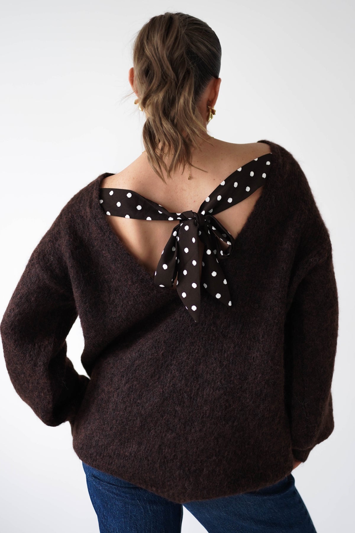 Gracie Polka Dot Bow Back Knit Jumper | Brown-Oh Hello Clothing