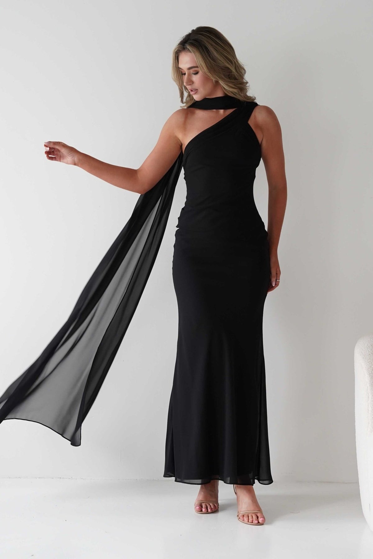 Hathaway Chiffon Drape Maxi Dress | Black-Oh Hello Clothing