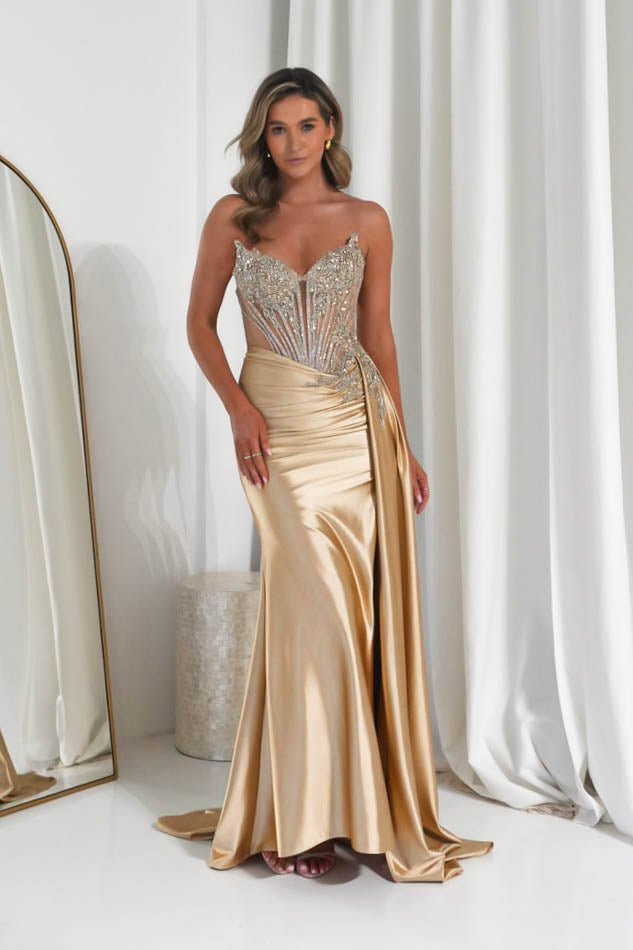Hazelle Crystal Embellished Corset Gown | Gold-Oh Hello Clothing
