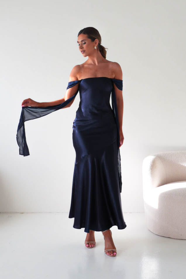 Helda Off The Shoulder Soft Satin Maxi Dress | Navy-Oh Hello Clothing