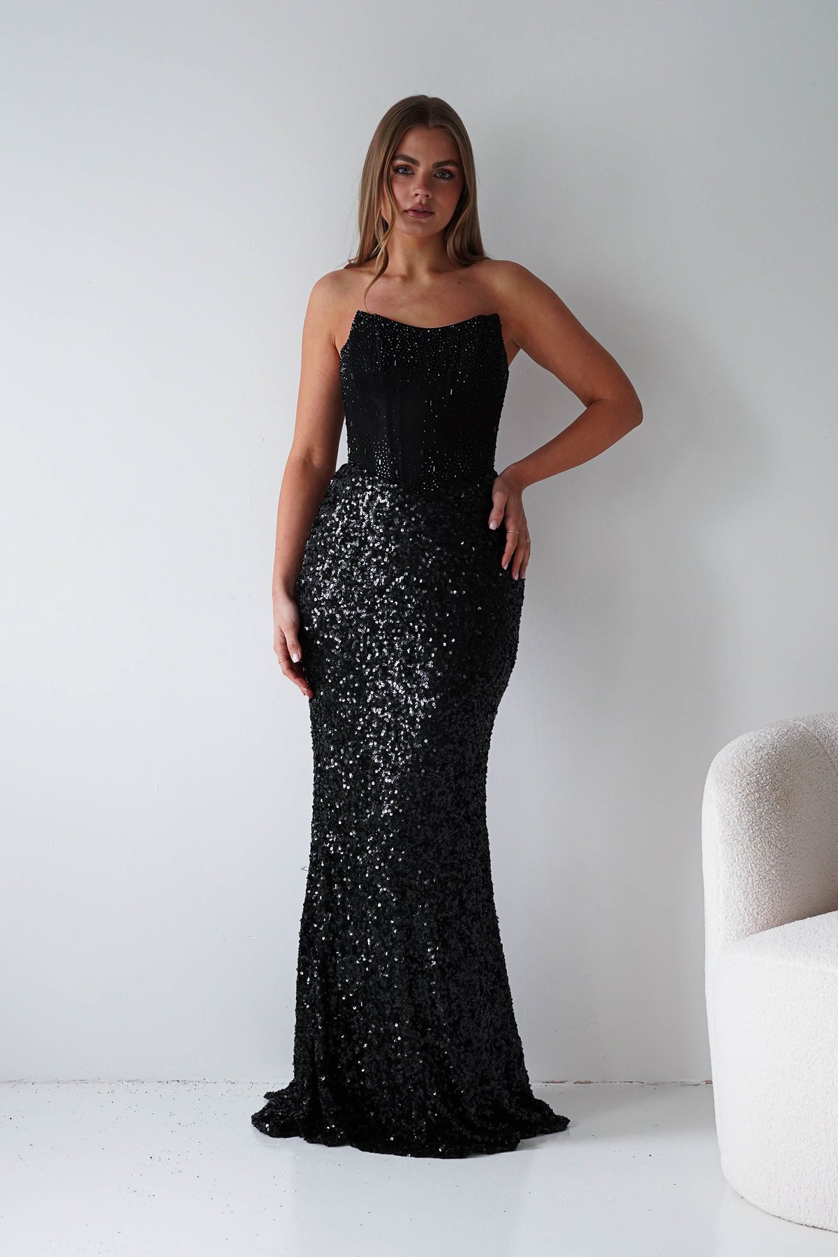 Henrietta Strapless Corset Sequin Gown | Black-Oh Hello Clothing
