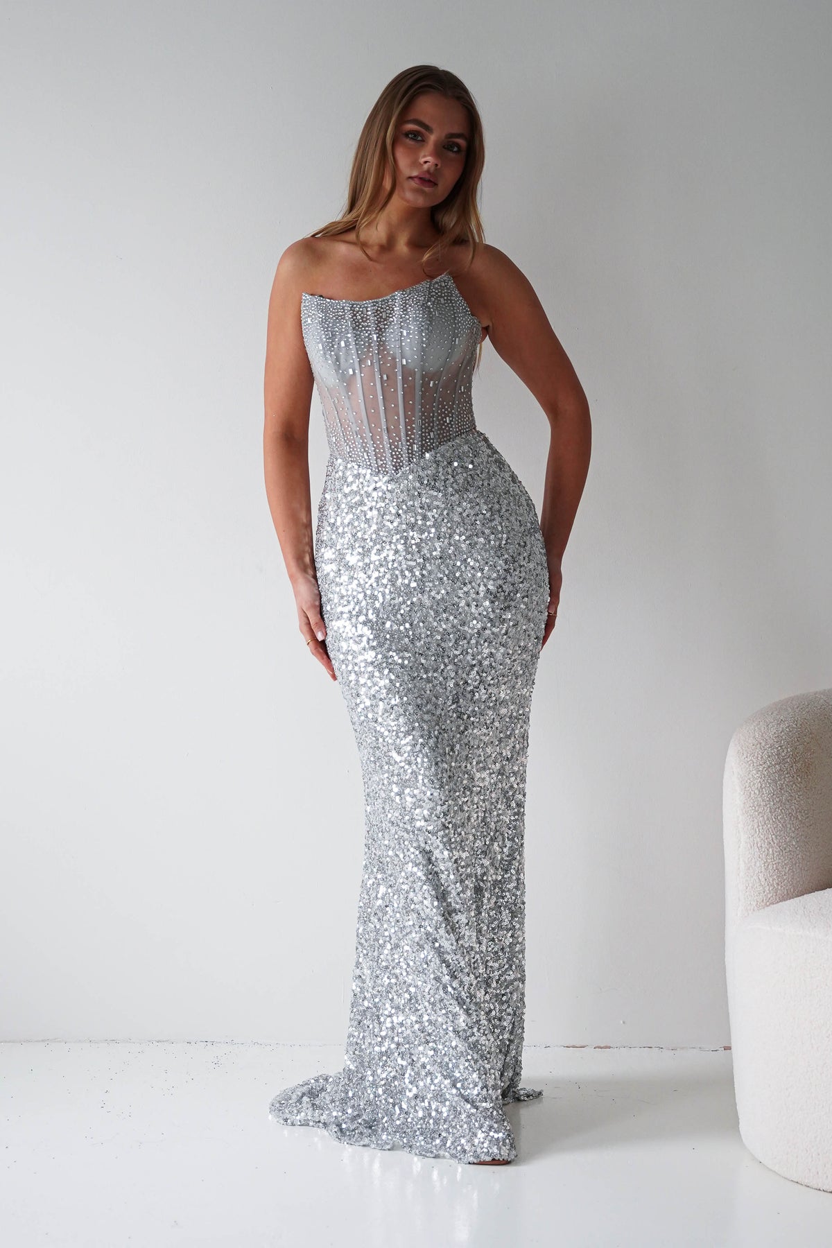 Henrietta Strapless Corset Sequin Gown | Silver-Oh Hello Clothing