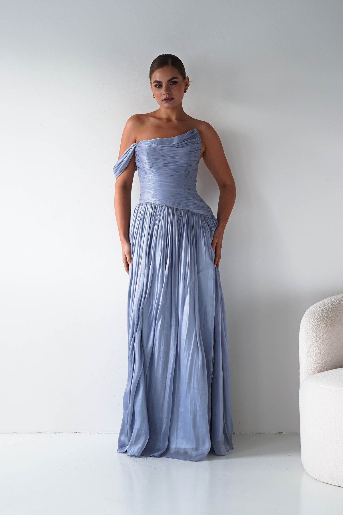 Hepburn One-Shoulder Pleated Maxi Dress | Blue-Oh Hello Clothing