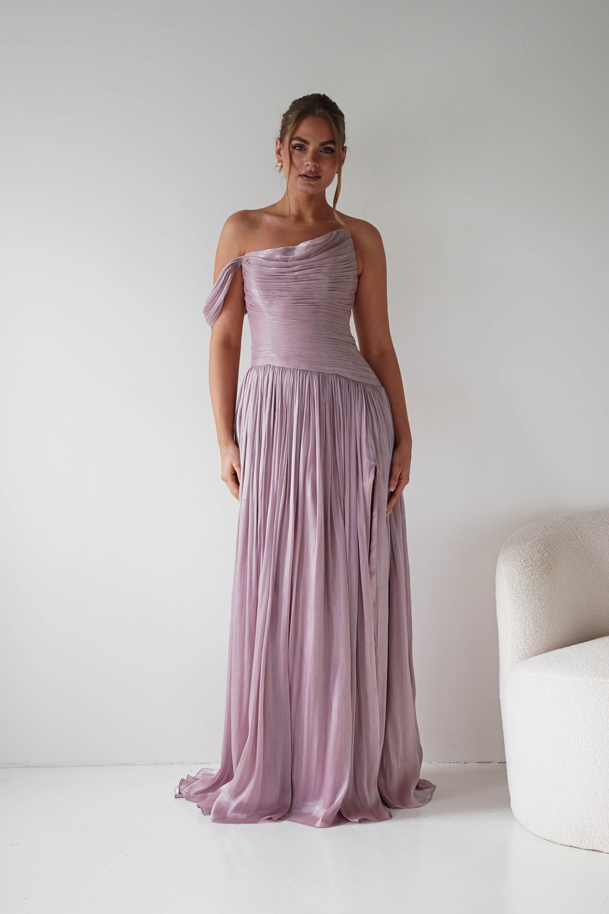 Hepburn One-Shoulder Pleated Maxi Dress | Mauve-Oh Hello Clothing