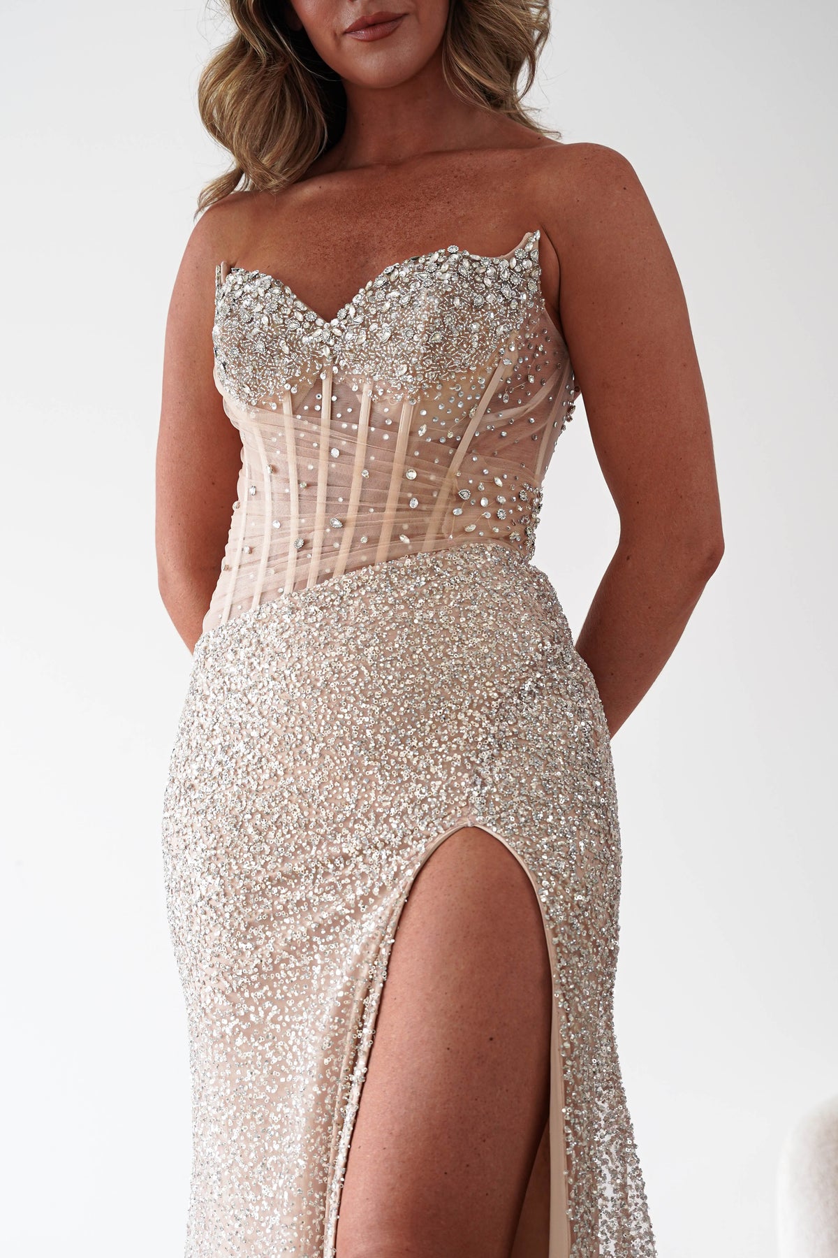 Hermione Strapless Embellished Gown | Champagne-Oh Hello Clothing