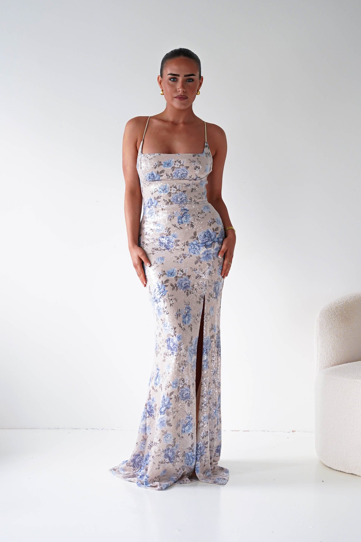 Imara Floral Sequin Maxi Dress | Beige/Blue-Oh Hello Clothing