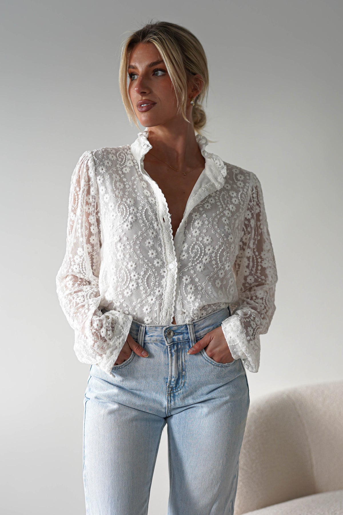 Indiana Lace Shirt Blouse | Ivory-Oh Hello Clothing