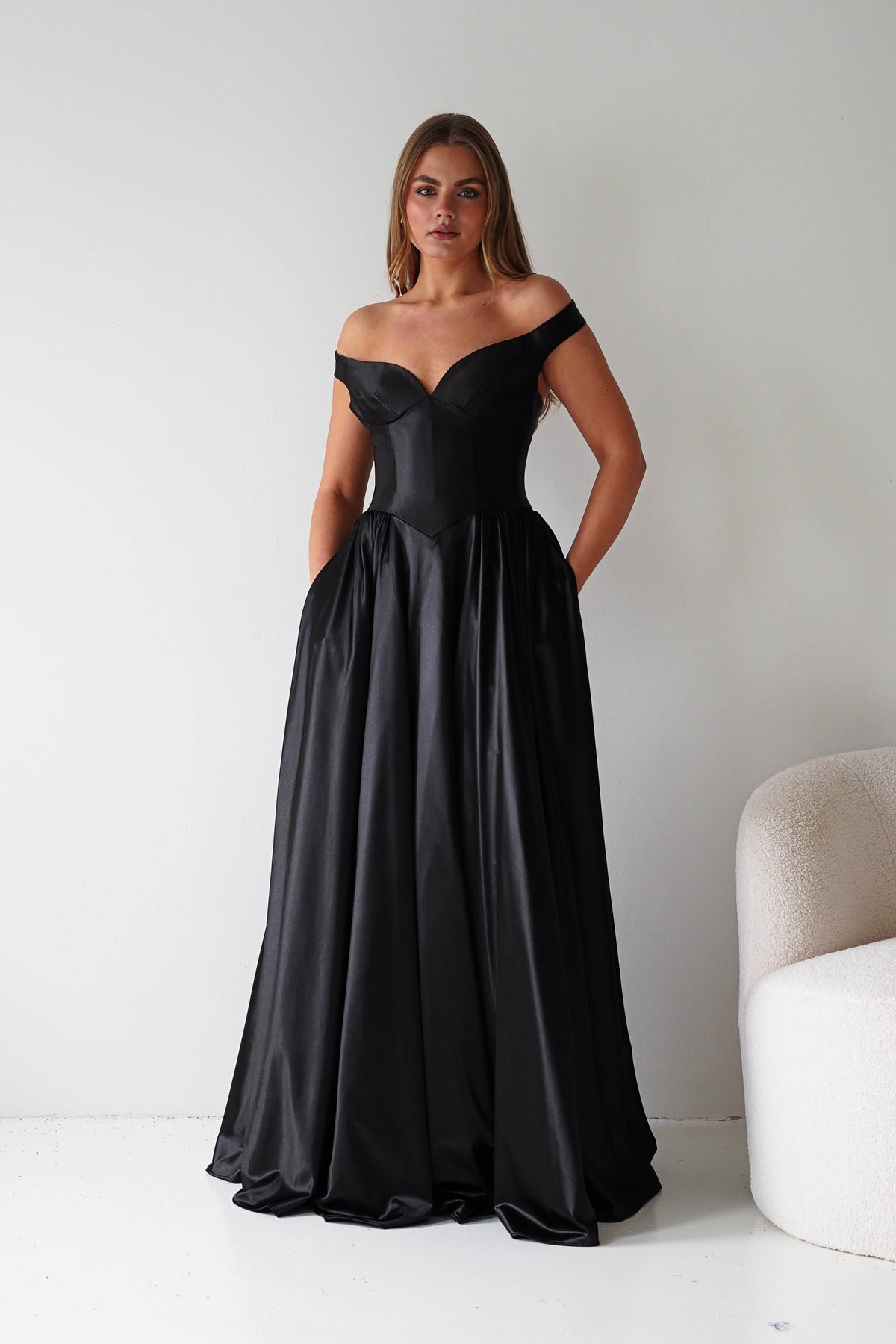 Irenia Off The Shoulder Structured Maxi Gown | Black-Oh Hello Clothing