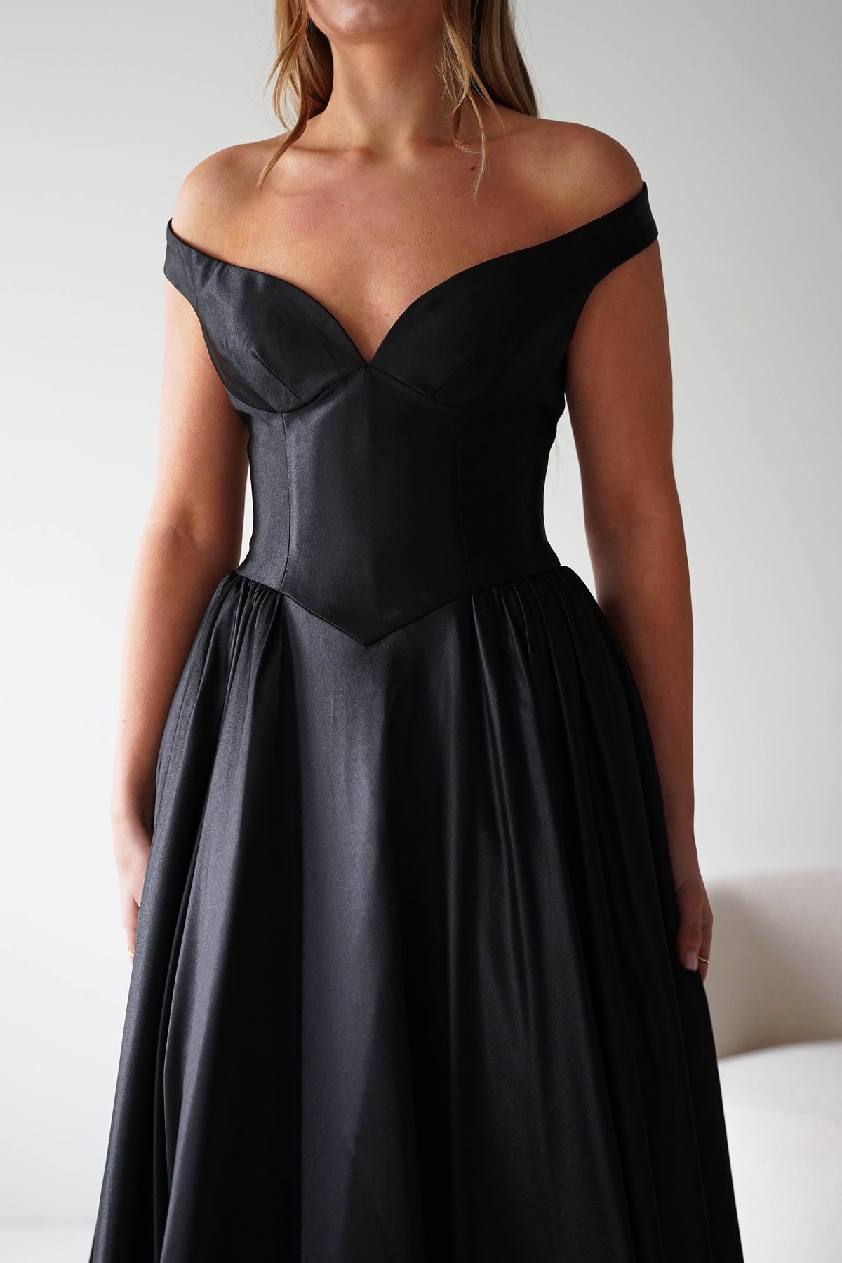 Irenia Off The Shoulder Structured Maxi Gown | Black-Oh Hello Clothing