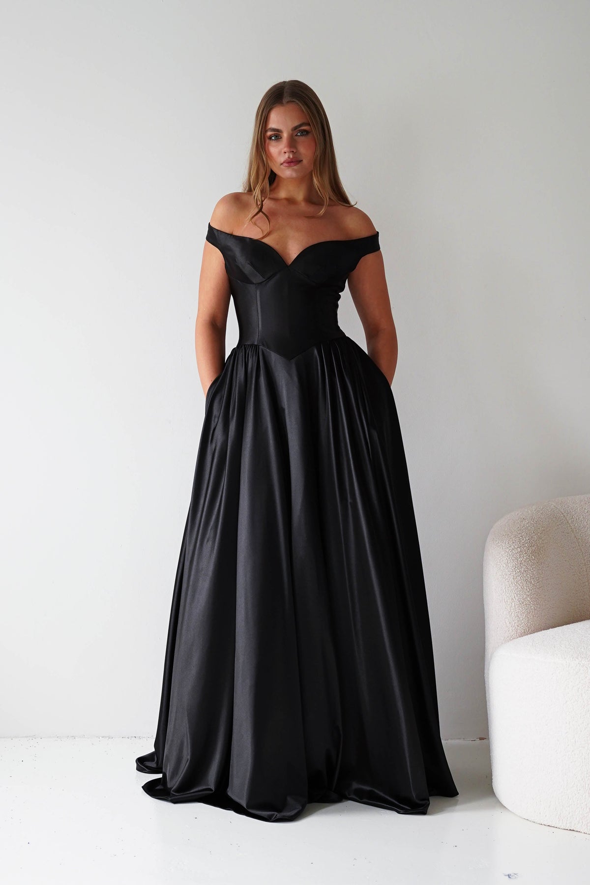 Irenia Off The Shoulder Structured Maxi Gown | Black-Oh Hello Clothing