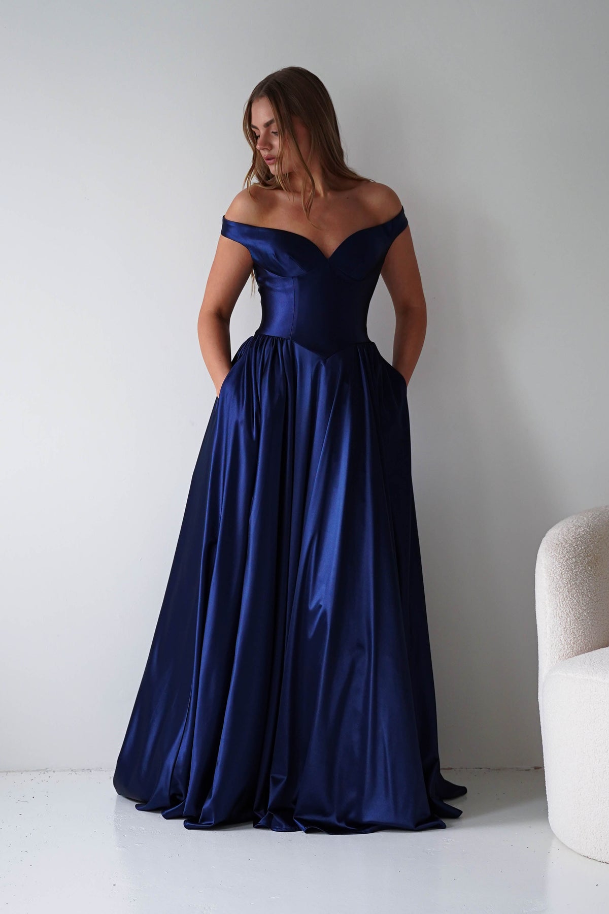 Irenia Off The Shoulder Structured Maxi Gown | Navy-Oh Hello Clothing