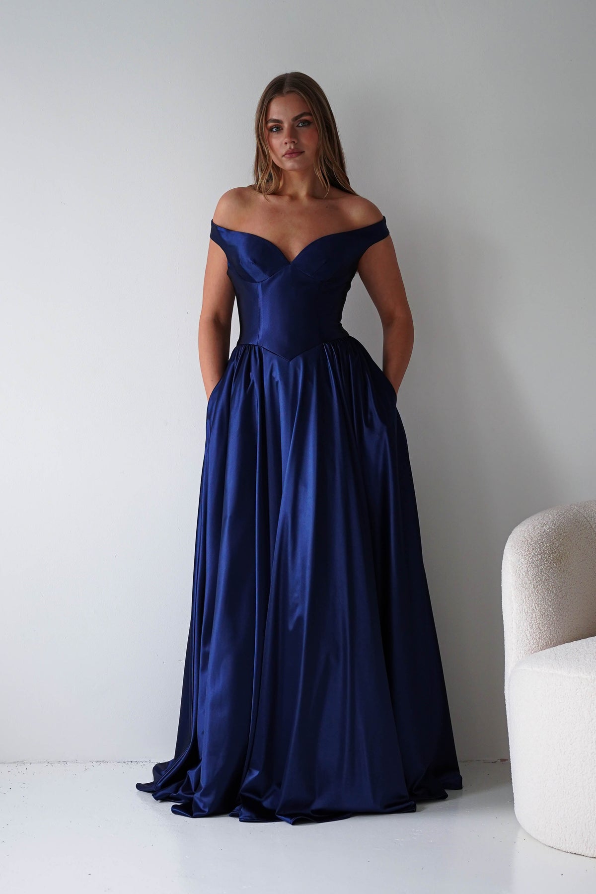 Irenia Off The Shoulder Structured Maxi Gown | Navy-Oh Hello Clothing