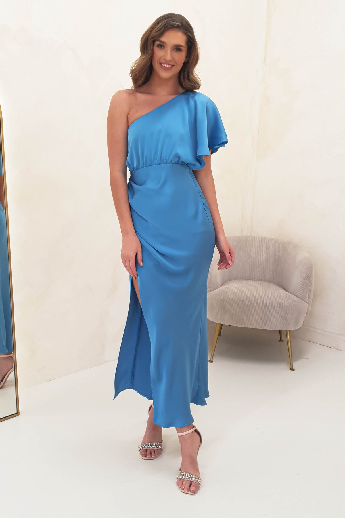 Jenna Soft Satin One Shoulder Maxi | Blue-Oh Hello Clothing