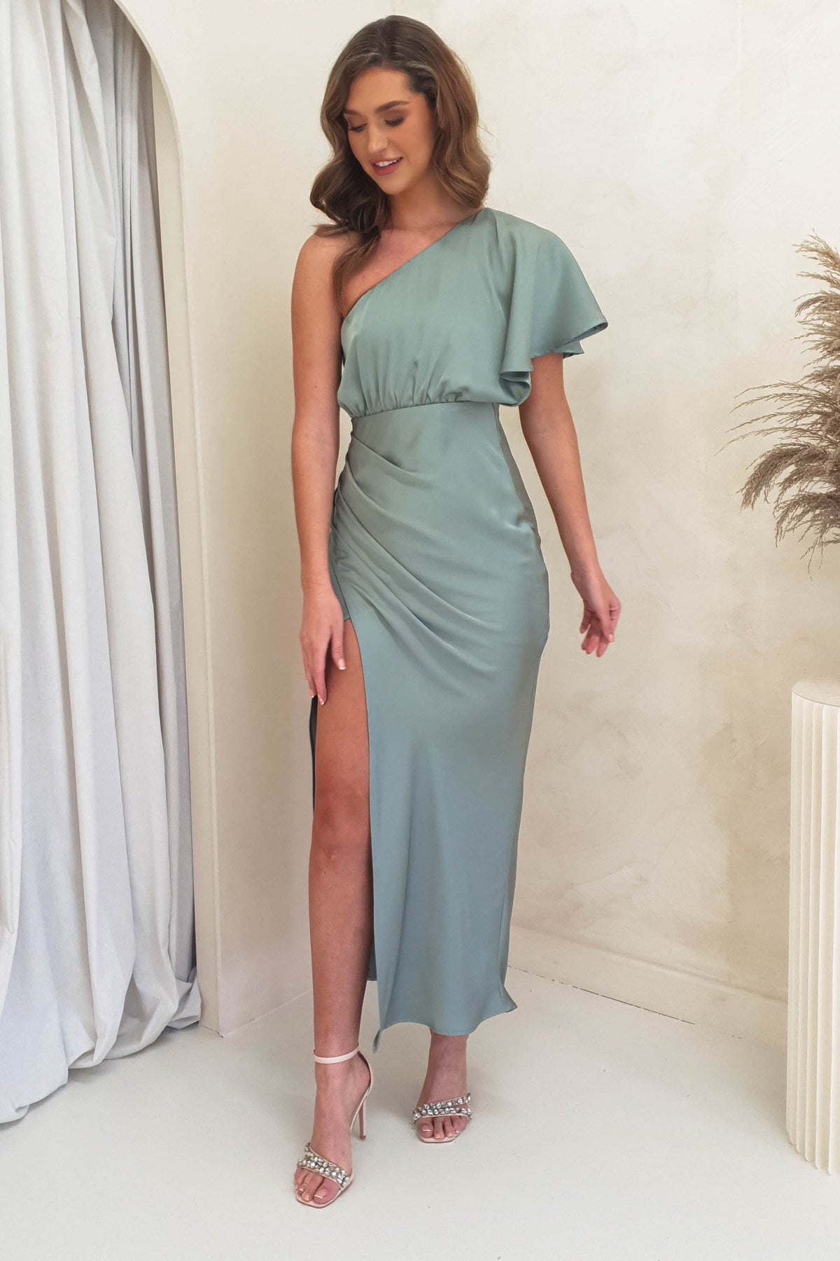 Jenna Soft Satin One Shoulder Maxi | Olive-Oh Hello Clothing