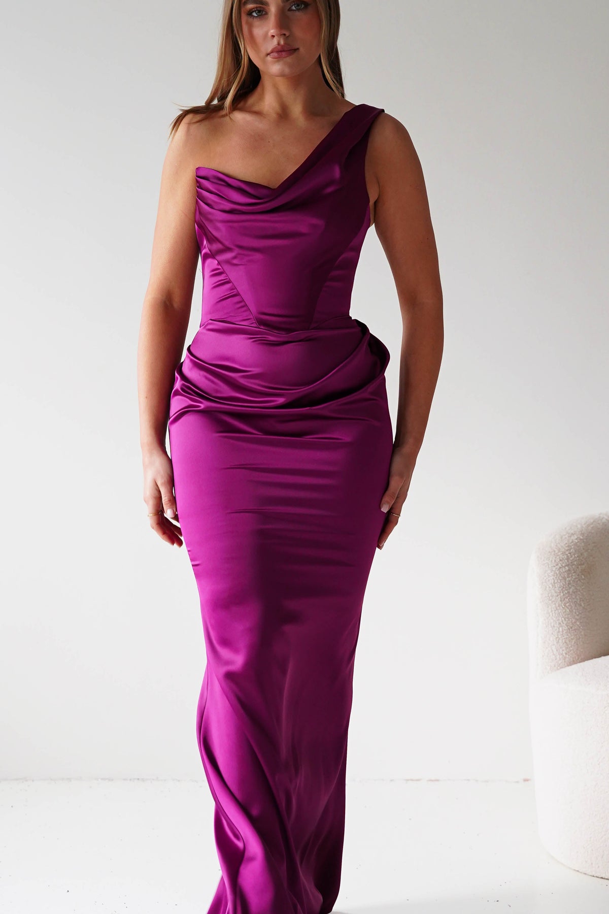 Jessel Satin One Shoulder Draped Maxi Gown | Berry-Oh Hello Clothing