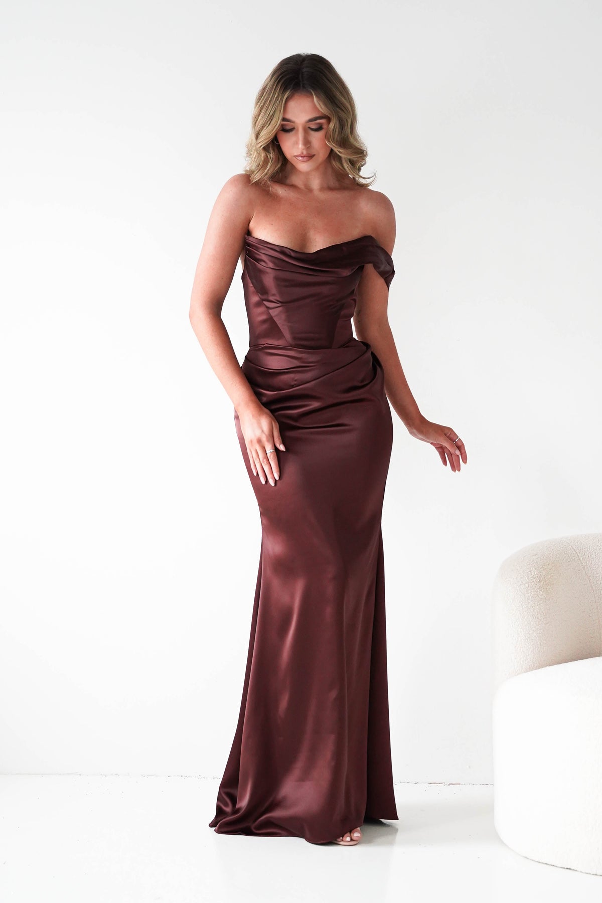 Jessel Satin One Shoulder Draped Maxi Gown | Brown-Oh Hello Clothing