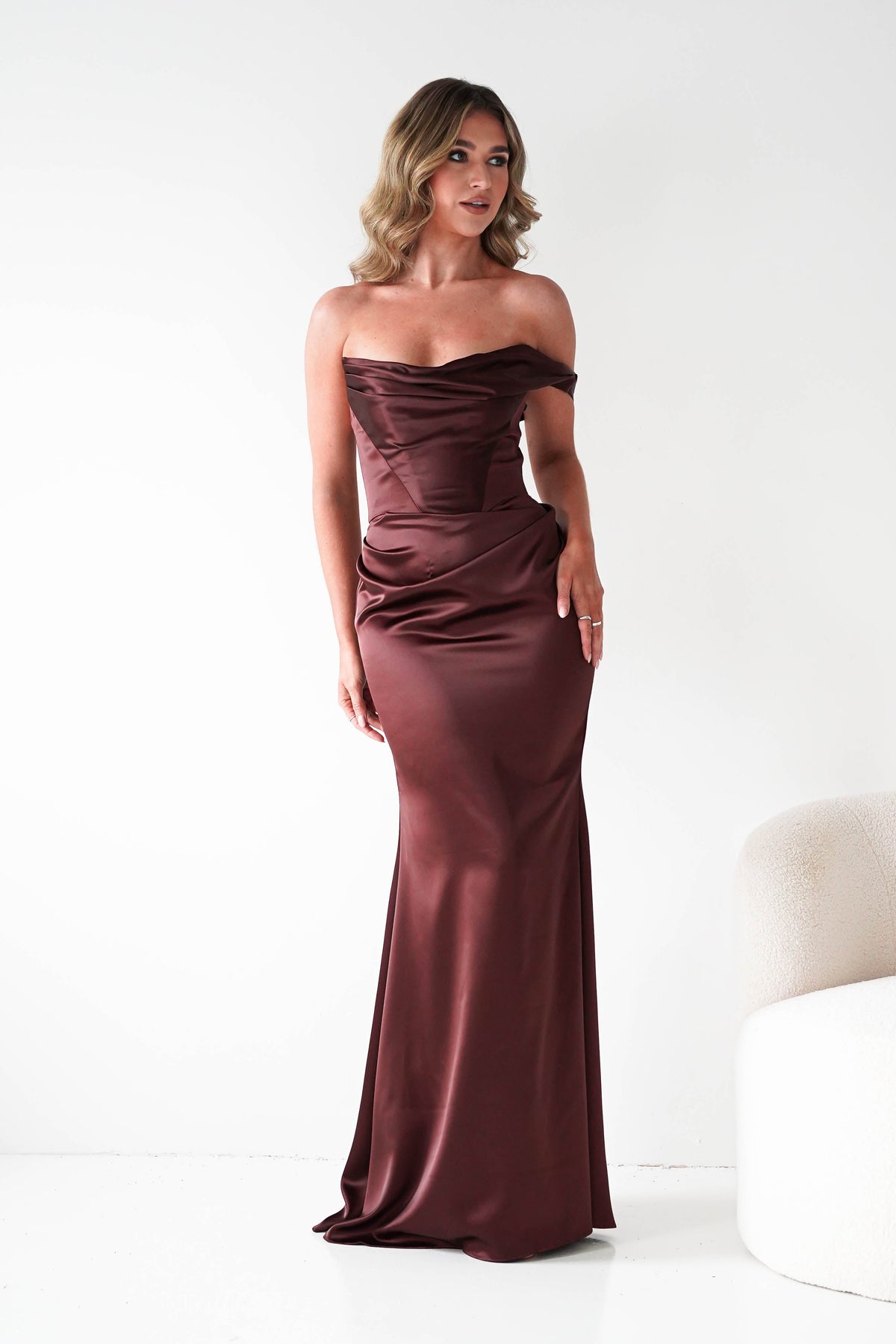 Jessel Satin One Shoulder Draped Maxi Gown | Brown-Oh Hello Clothing