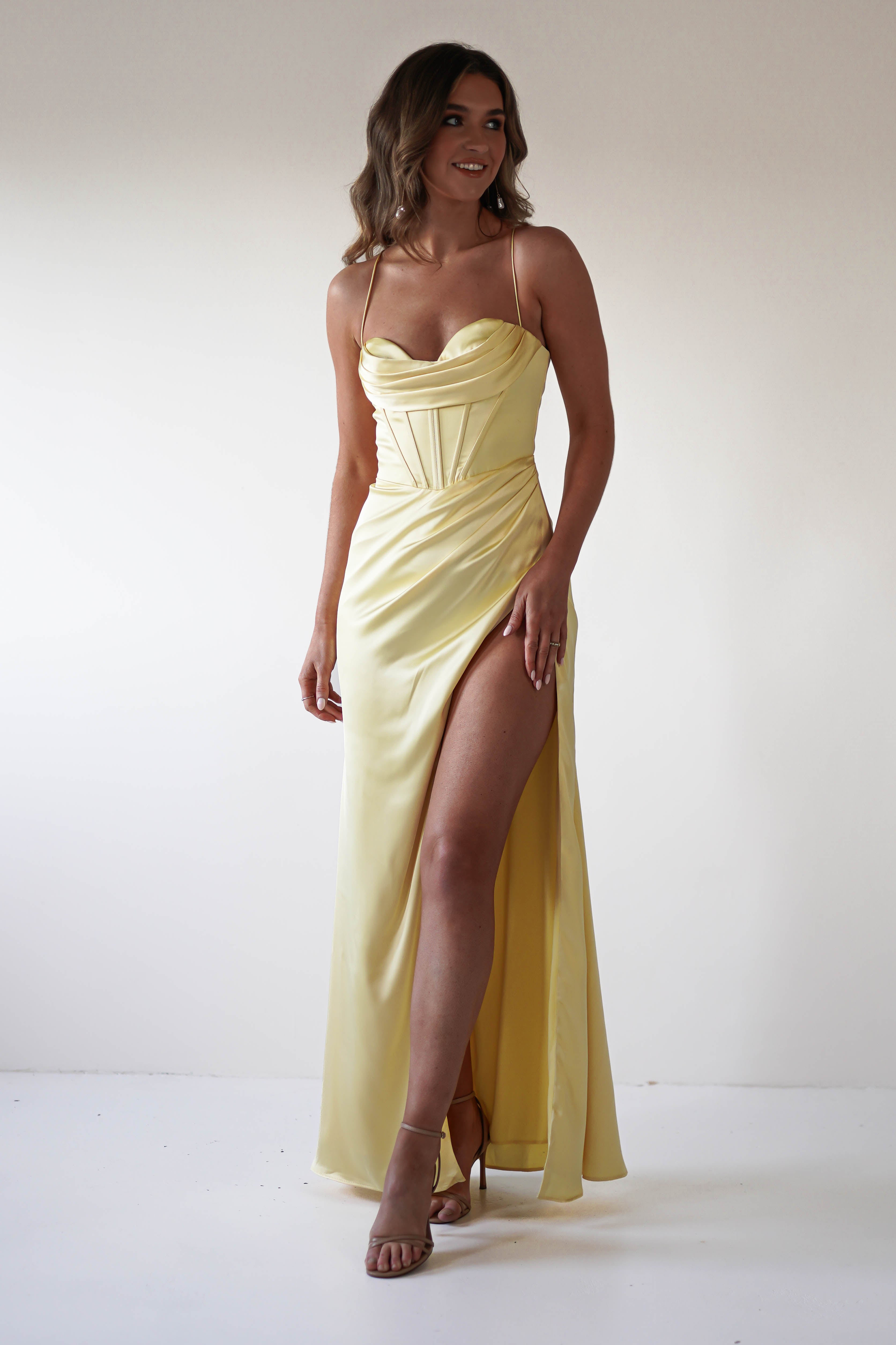 Julianne Corset Satin Gown | Yellow | Debs & Prom | Formal Gown | Oh Hello Clothing