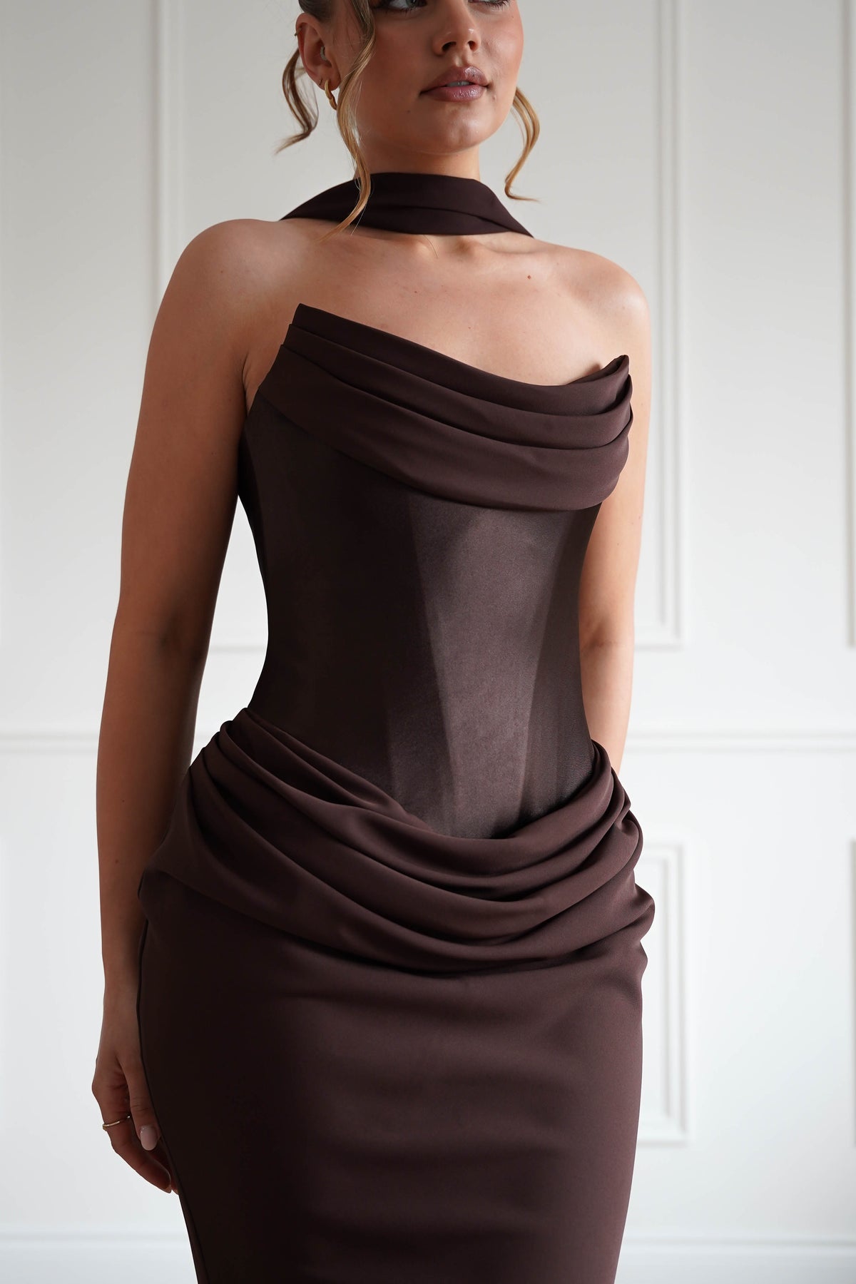 Kailani Strapless Ruched Maxi Dress | Brown-Oh Hello Clothing
