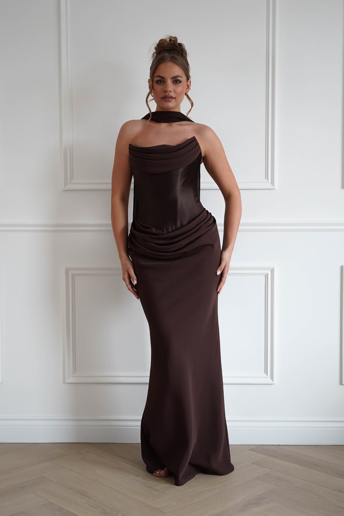 Kailani Strapless Ruched Maxi Dress | Brown-Oh Hello Clothing