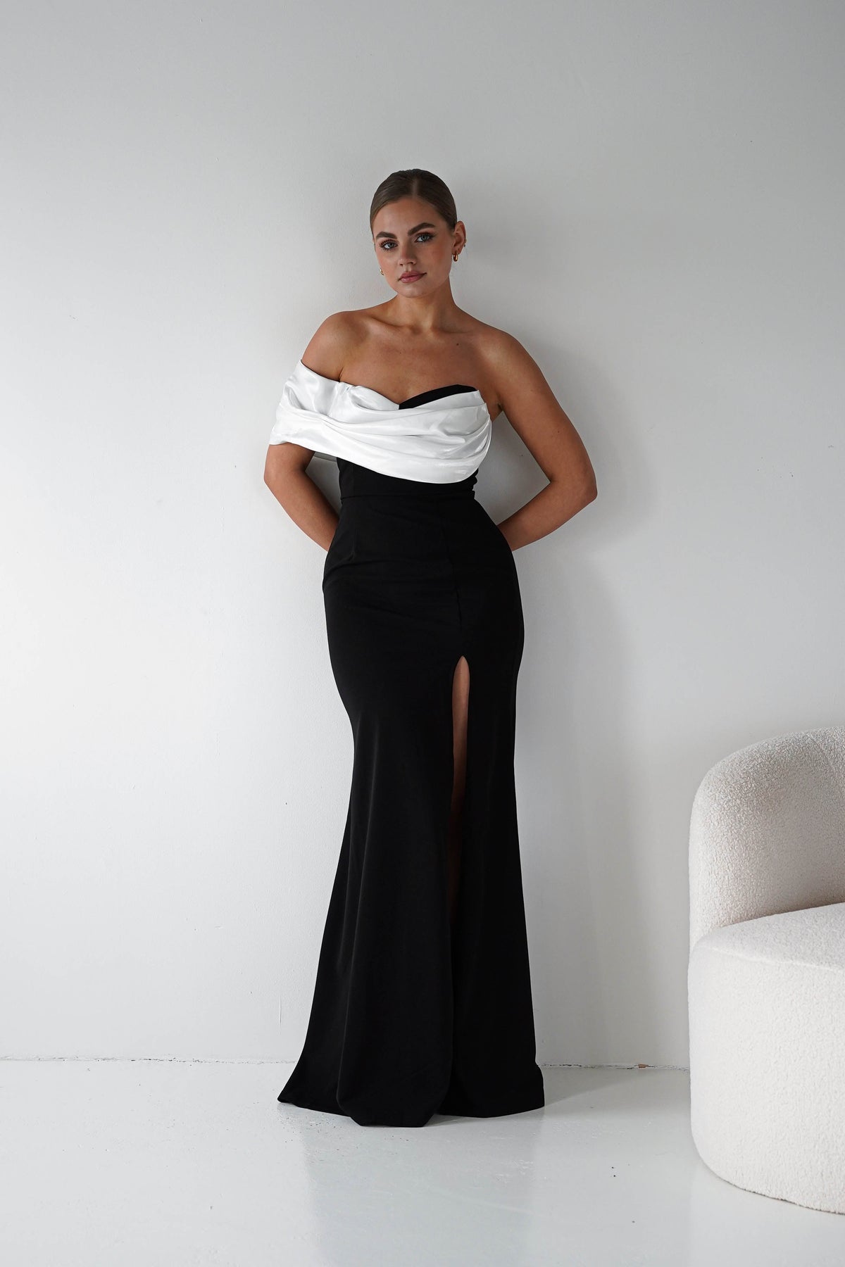 Karlene Off The Shoulder Gown | Black/White-Oh Hello Clothing