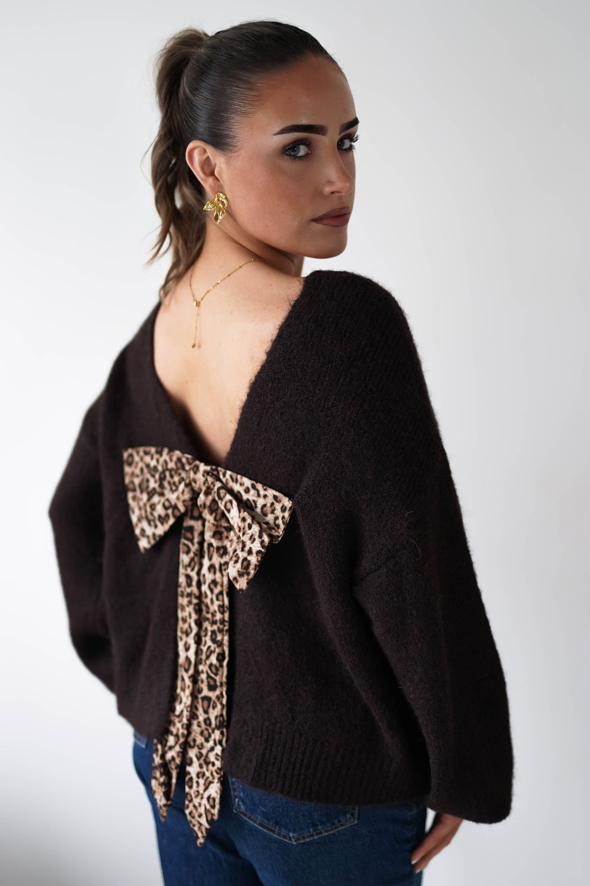 Karlie Cosy Knit Jumper Leopard Bow | Brown-Oh Hello Clothing