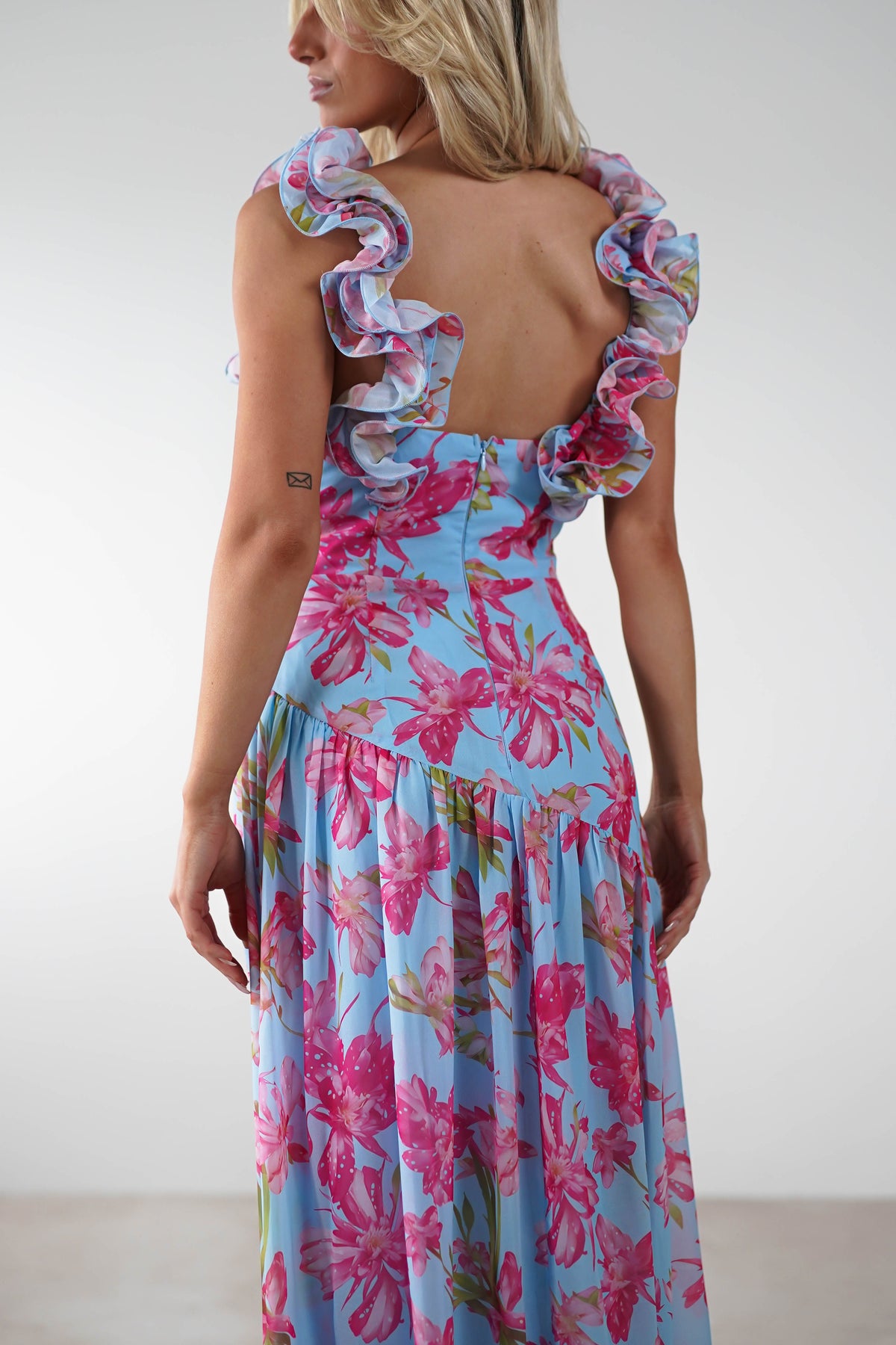 Karmen Ruffle Floral Midaxi Dress | Blue/Pink-Oh Hello Clothing