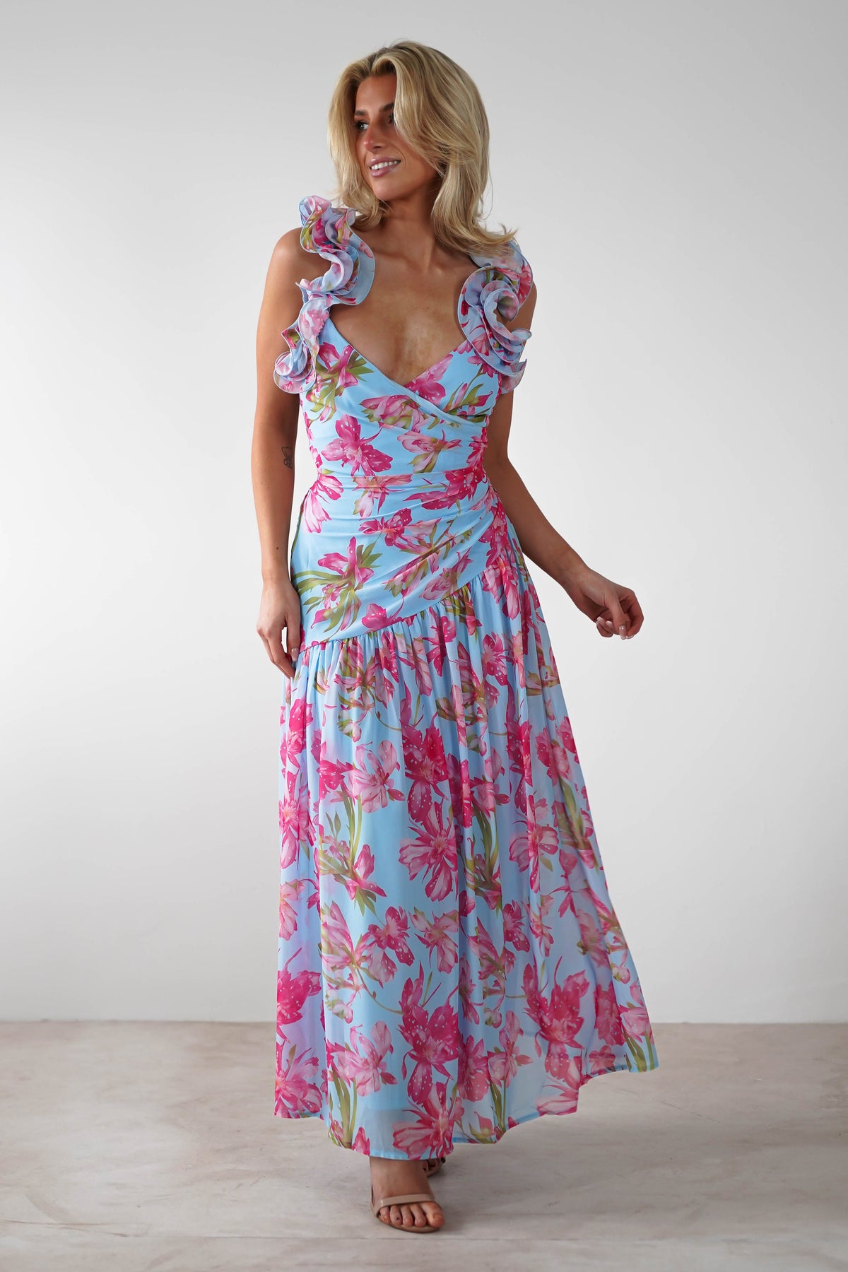 Karmen Ruffle Floral Midaxi Dress | Blue/Pink-Oh Hello Clothing