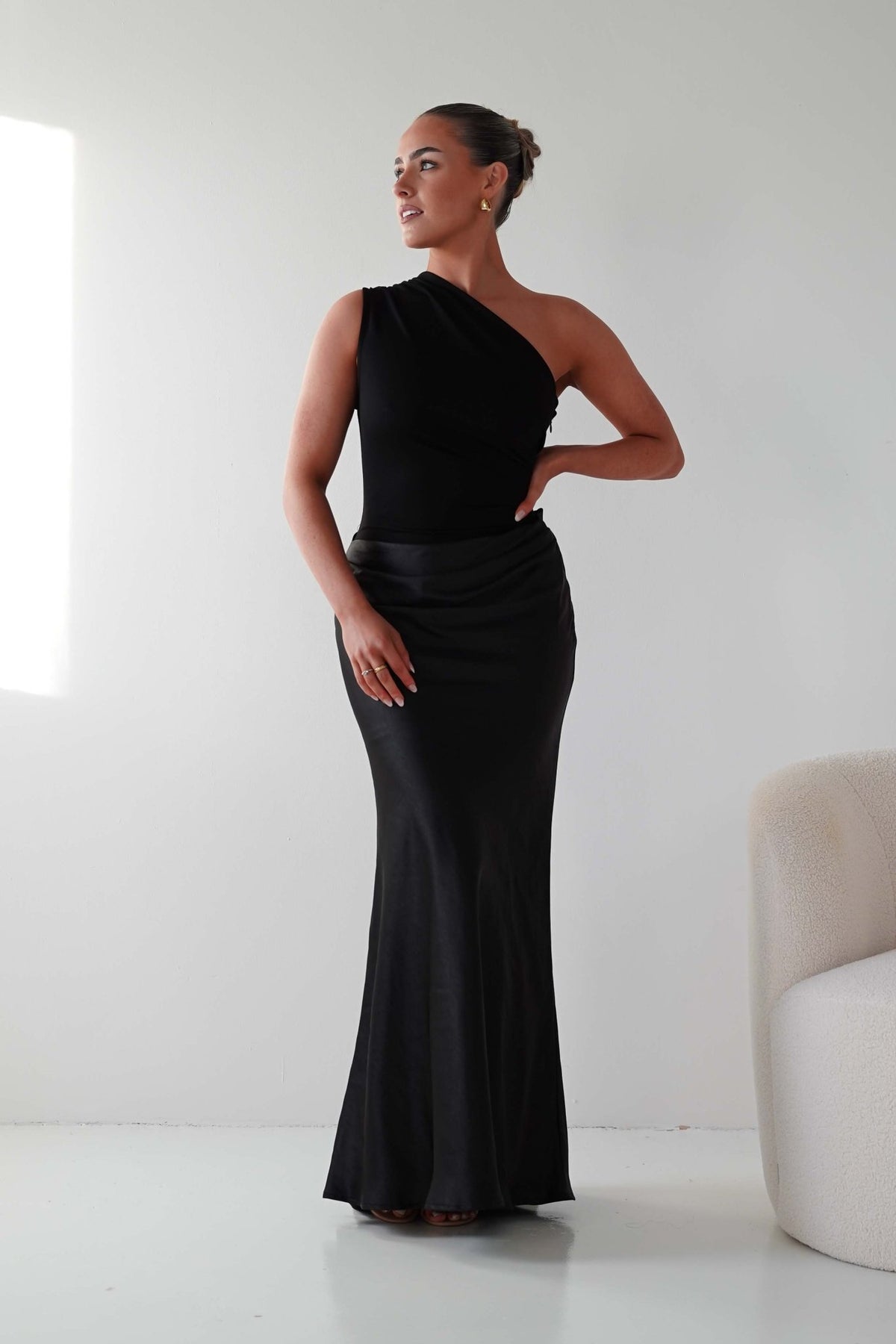 Kashia Draped Satin Maxi Dress | Black-Oh Hello Clothing
