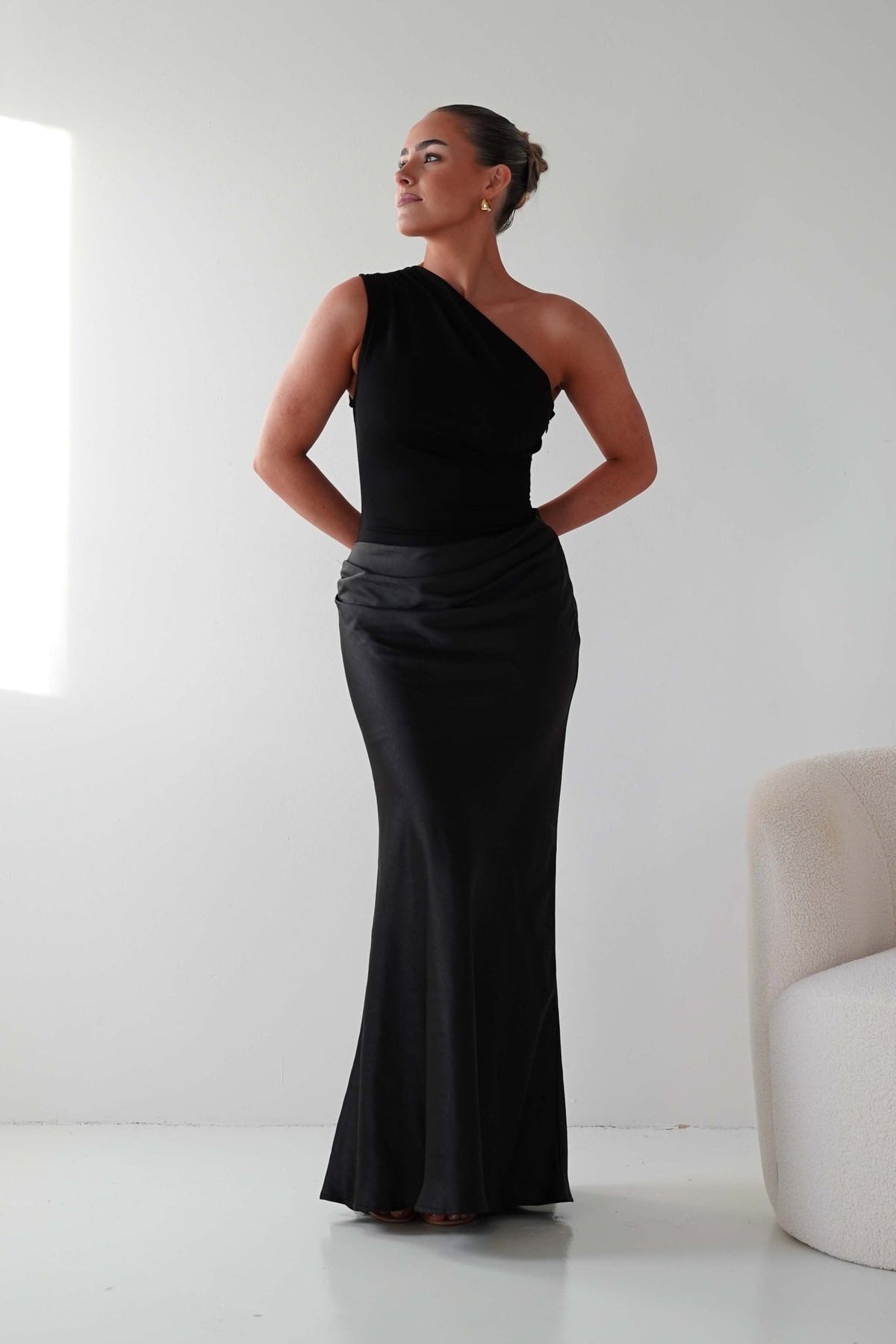Kashia Draped Satin Maxi Dress | Black-Oh Hello Clothing