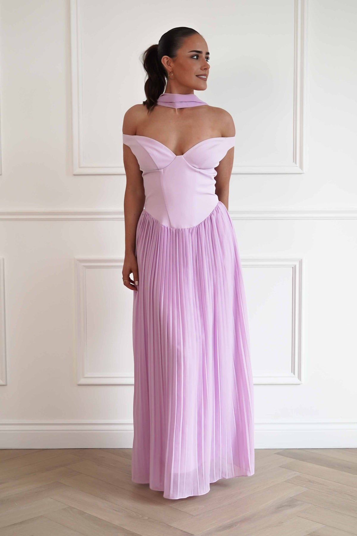 Kelsea Off The Shoulder Pleated Maxi Dress | Lilac-Oh Hello Clothing