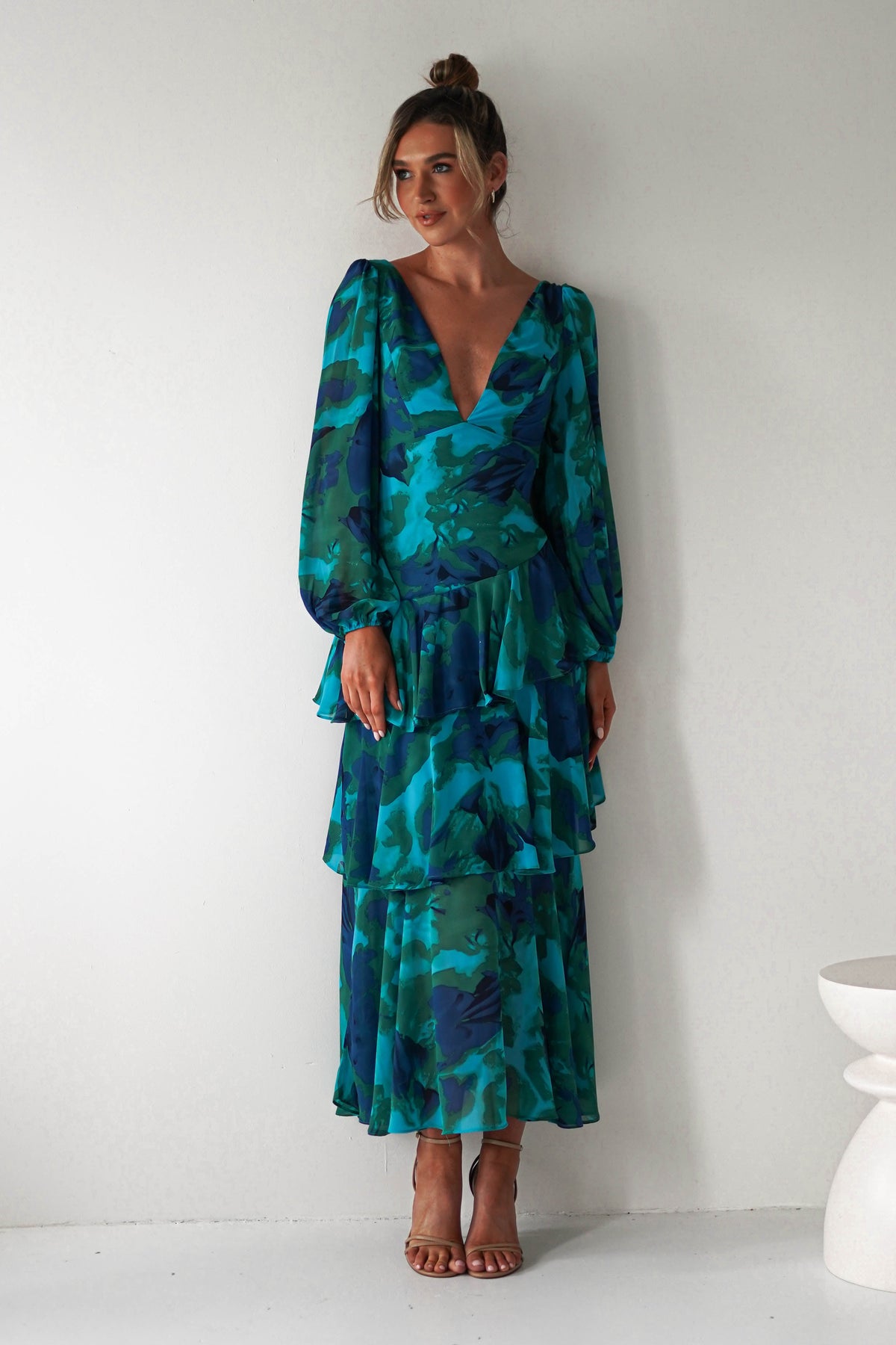 Kiyah Long Sleeve Maxi Dress | Green Print-Oh Hello Clothing