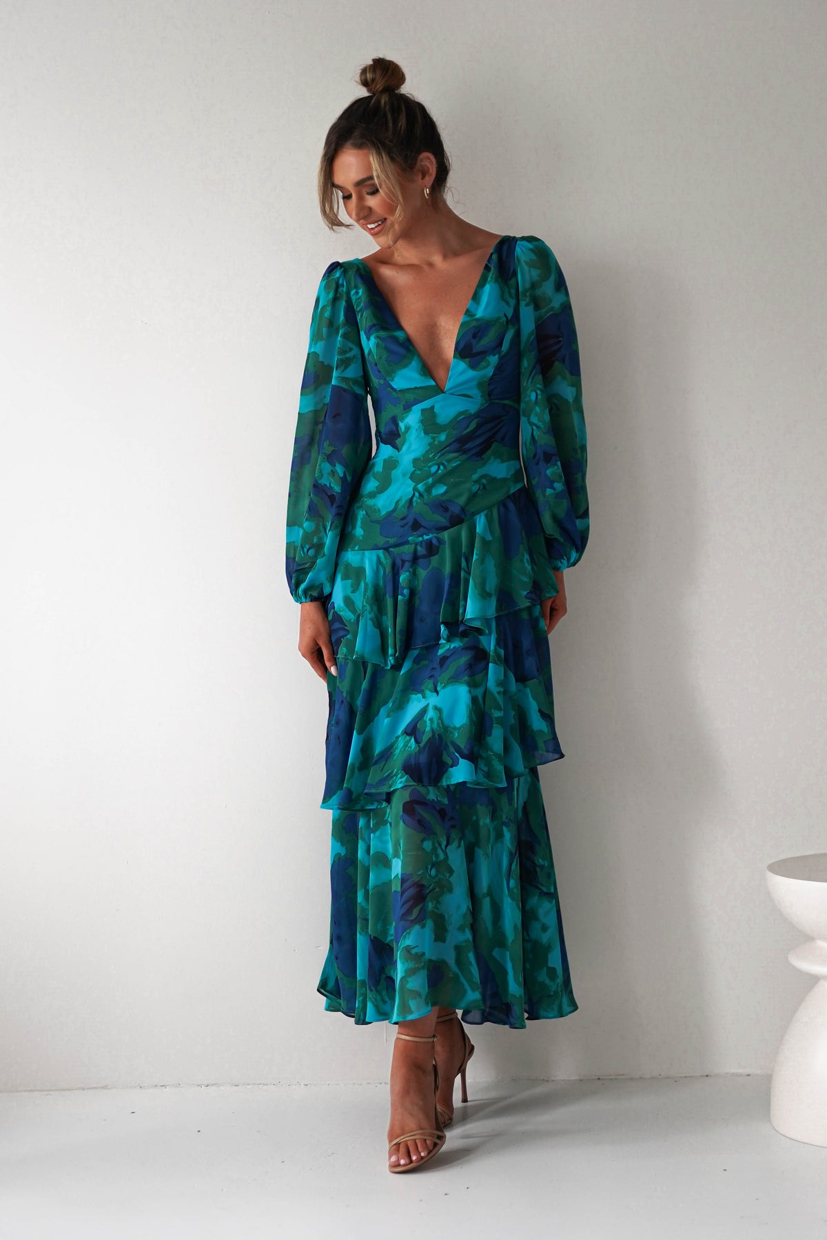Kiyah Long Sleeve Maxi Dress | Green Print-Oh Hello Clothing