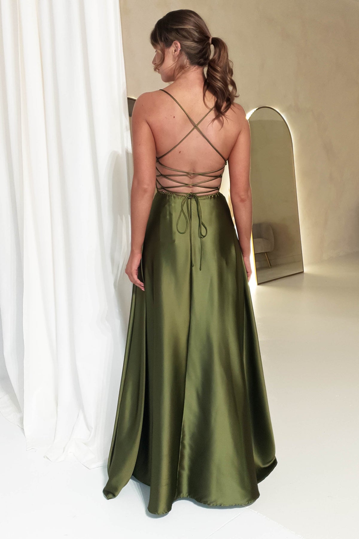Leelie Silky Satin Maxi Gown | Olive-Oh Hello Clothing