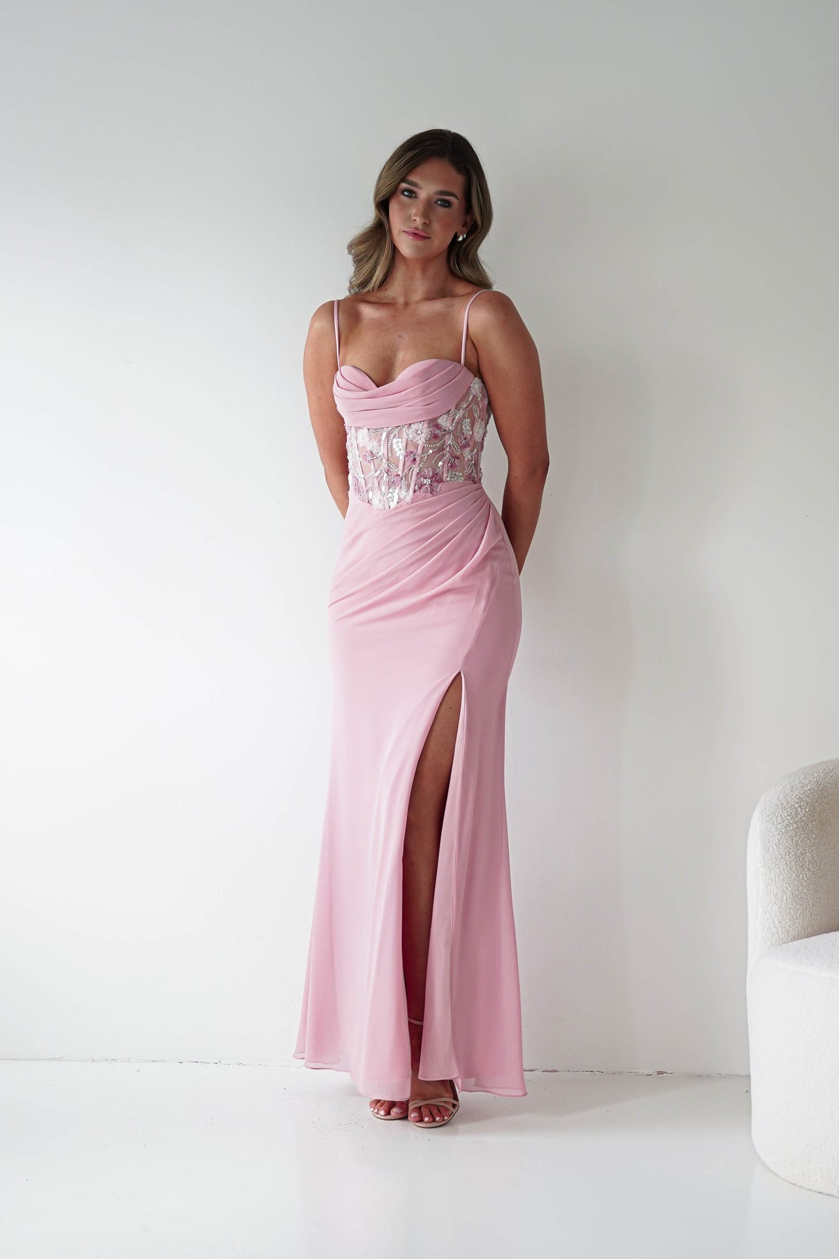 Lissy Floral Beaded Corset Maxi Gown | Pink-Oh Hello Clothing