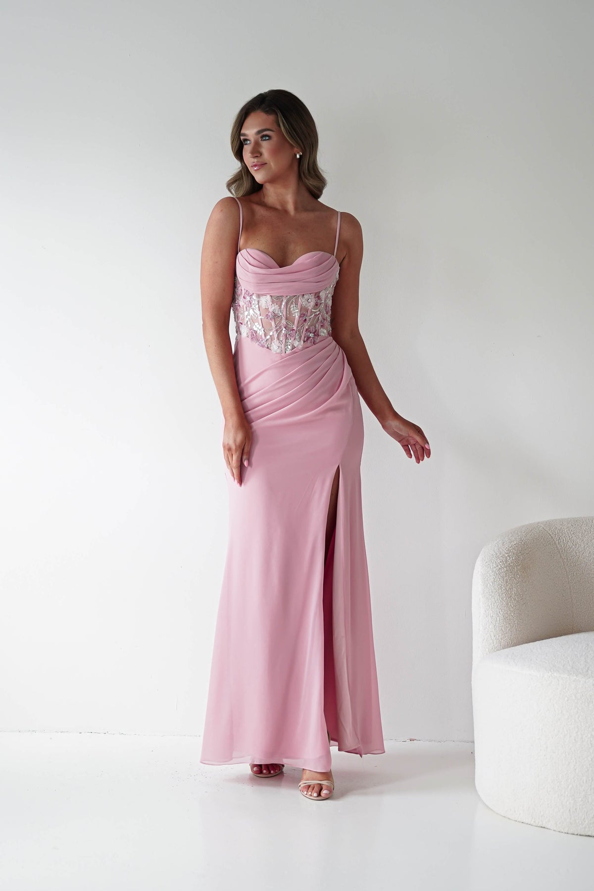 Lissy Floral Beaded Corset Maxi Gown | Pink-Oh Hello Clothing